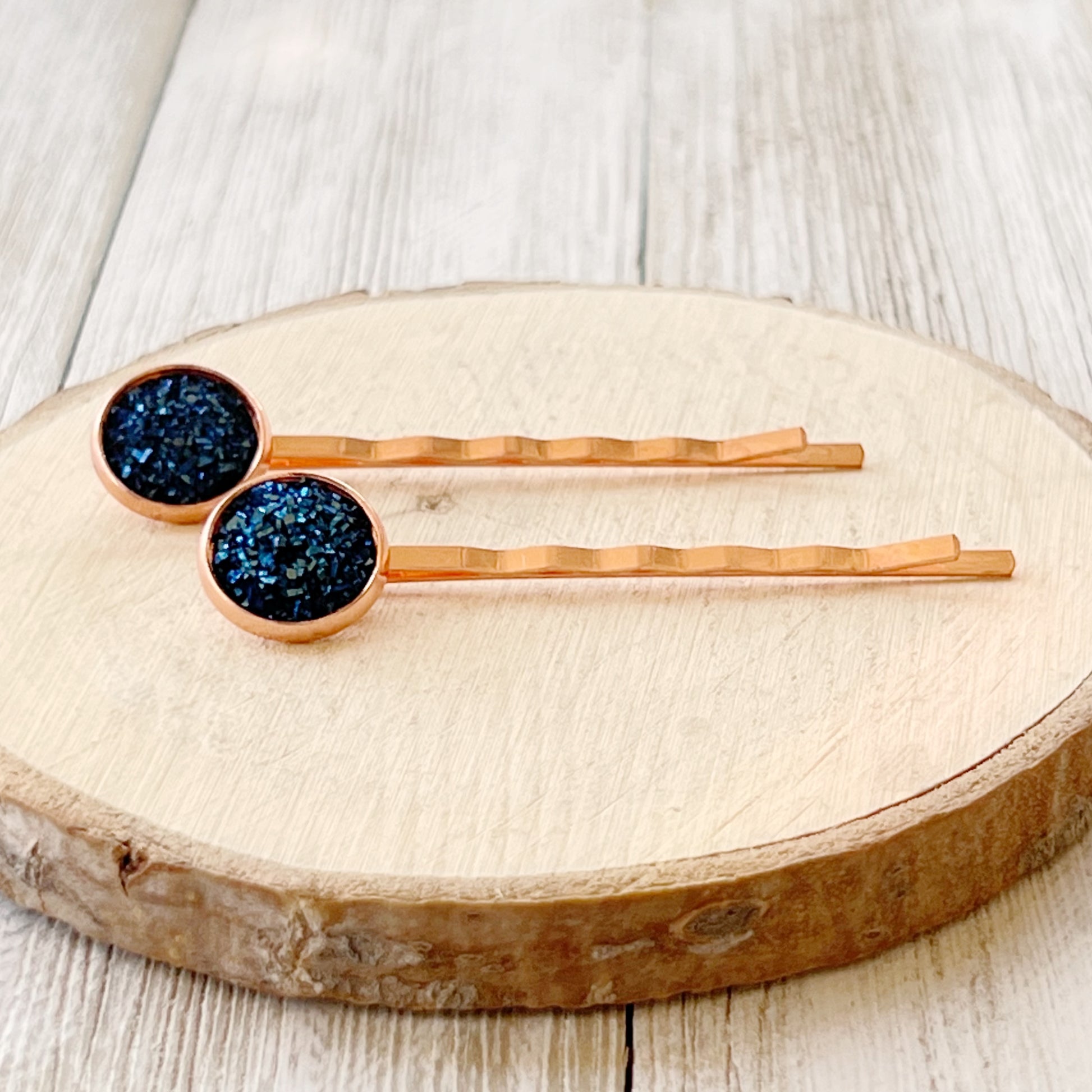Cobalt Blue Druzy Rose Gold Hair Pins: Elegant & Vibrant Accessories