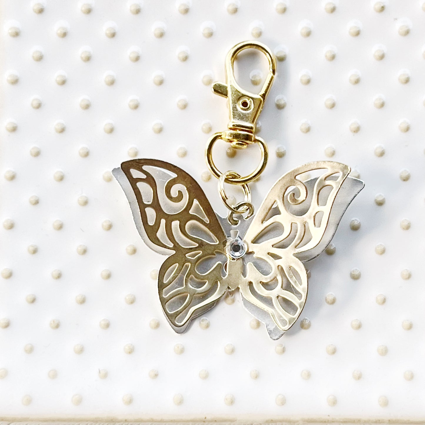 Gold & Silver Butterfly Zipper Pull Keychain Purse Charm with Filigree & Rhinestone Accents - Elegant & Stylish Accessory for Your Bag