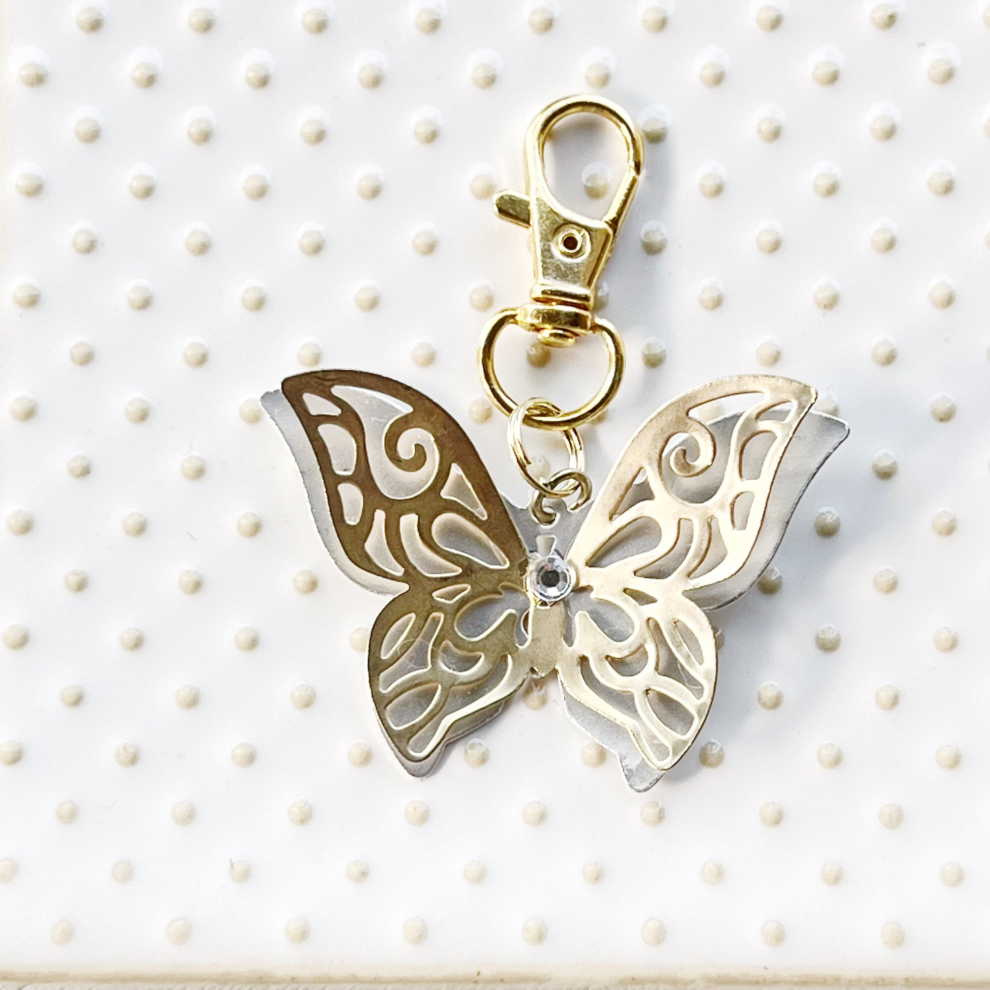 Gold & Silver Butterfly Zipper Pull Keychain Purse Charm with Filigree & Rhinestone Accents - Elegant & Stylish Accessory for Your Bag