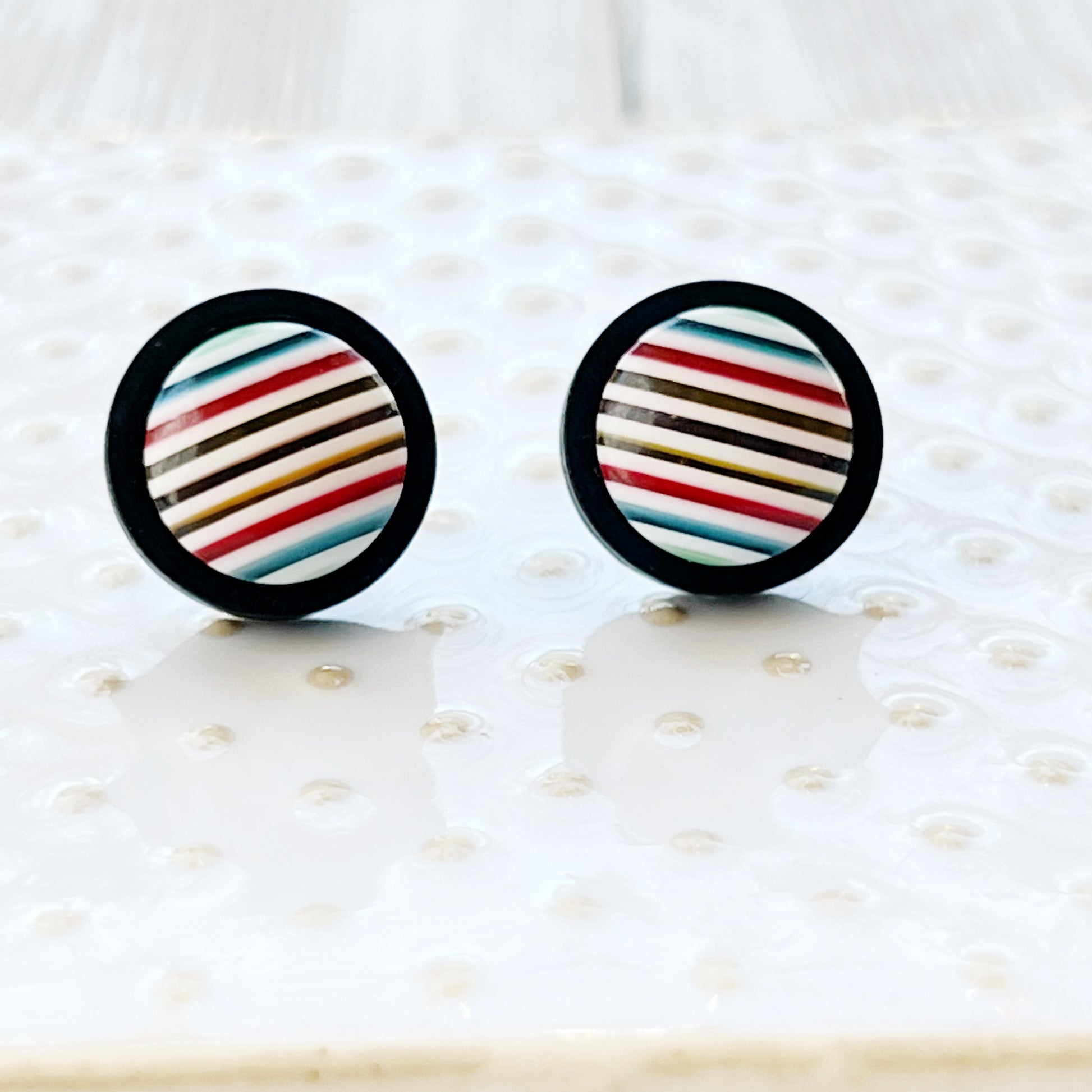 Striped Resin Stud Earrings – Multicolor Round Handmade Boho Jewelry