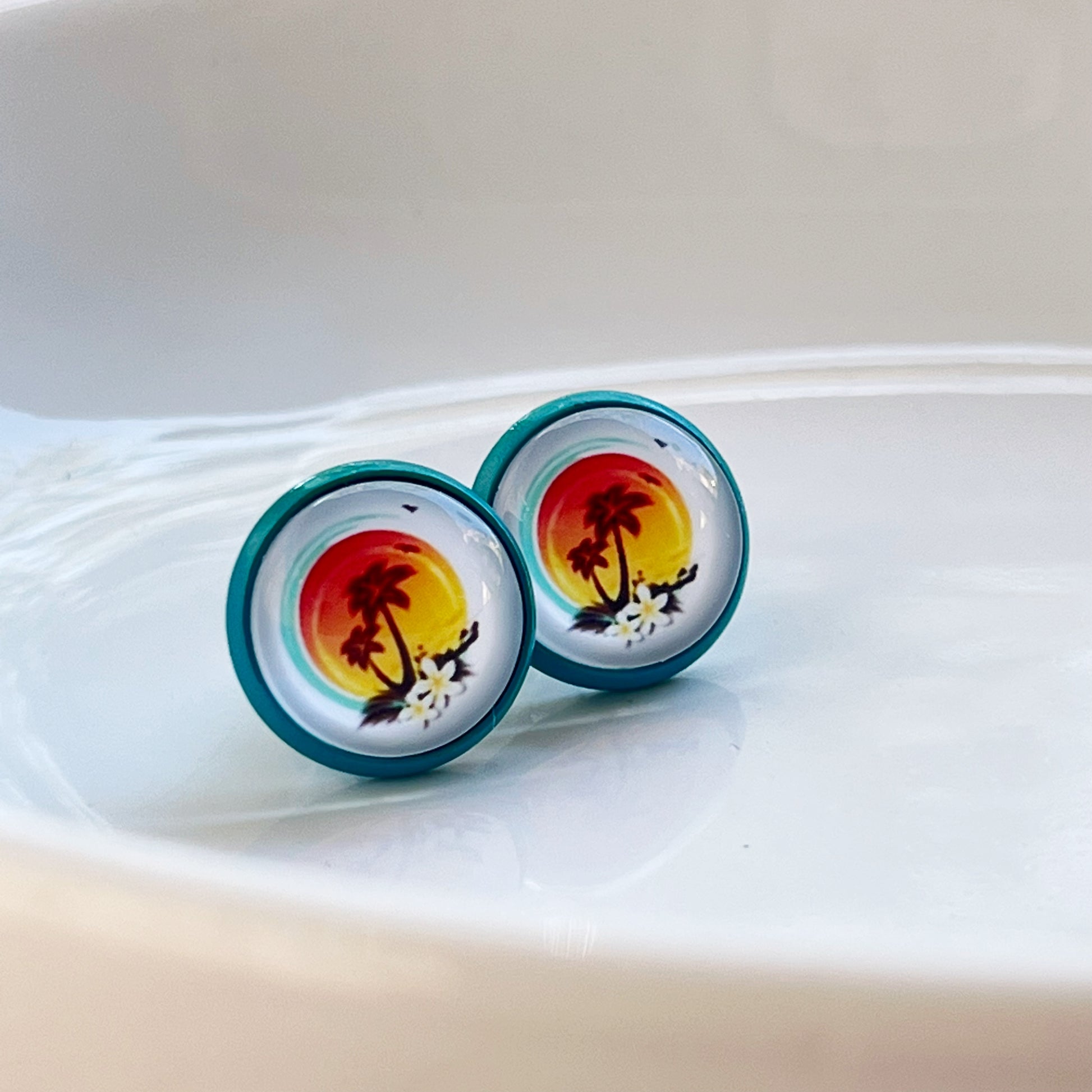 Sunset & Palm Tree Blue Stud Earrings - Tropical & Serene Accessories