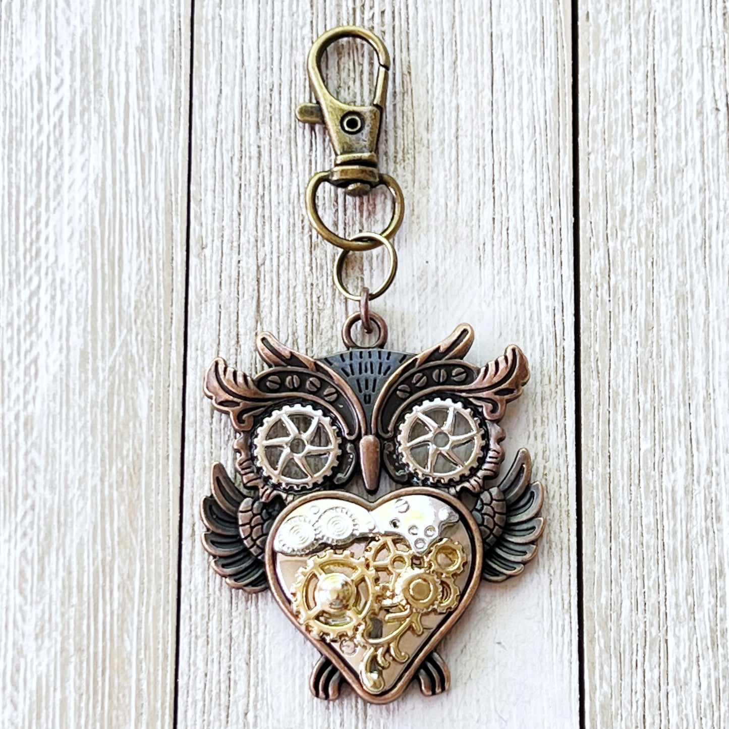 Steampunk Owl Purse Charm – Mixed Metal Heart Keychain with Gear Details