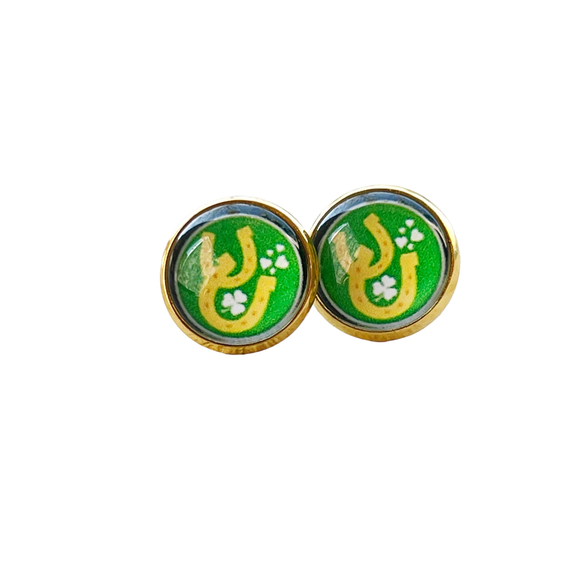 Lucky Horseshoe Stud Earrings – Green & Gold St. Patrick’s Day Jewelry for Her