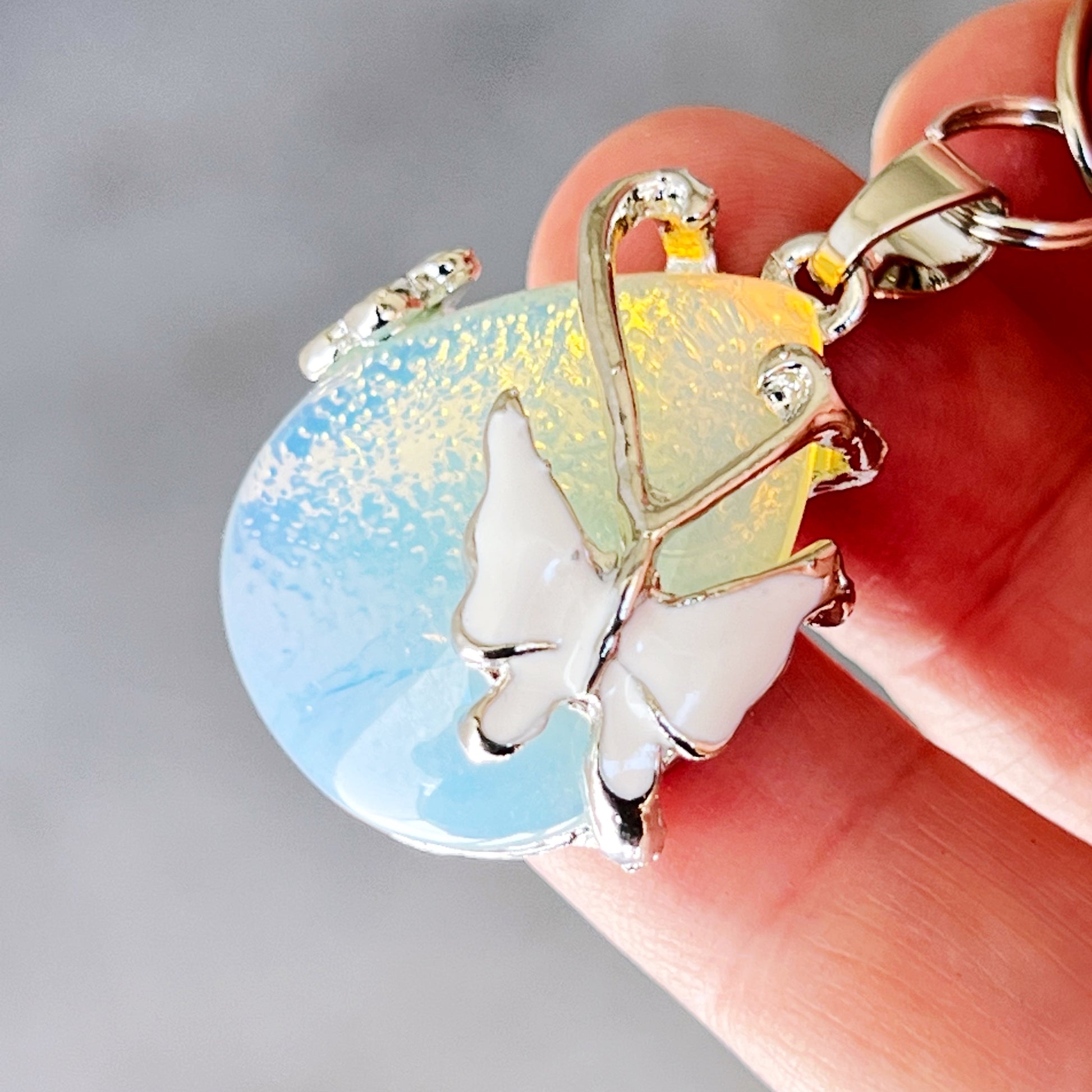 Opalite Butterfly Teardrop Keychain – Iridescent Glass & Silver Charm Accessory