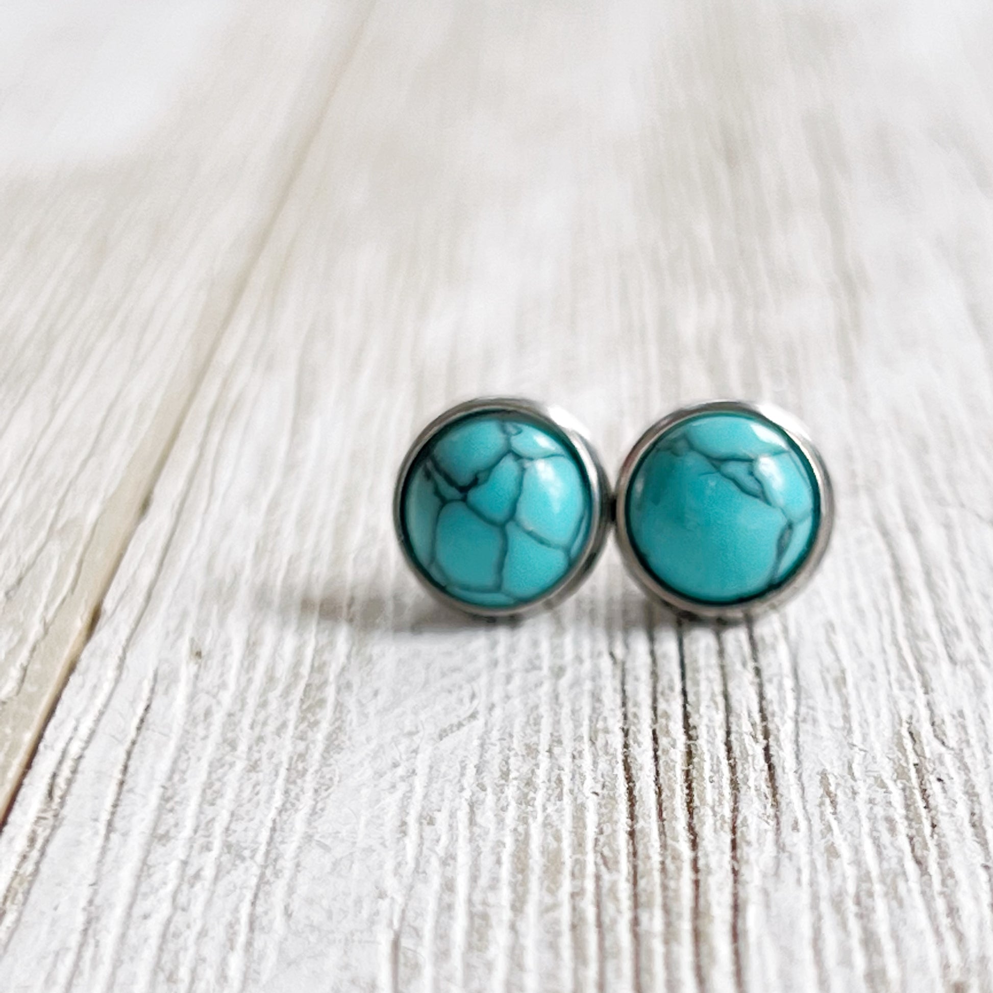 Turquoise Stud Earrings – 8mm Round Boho Western Style Jewelry in Silver