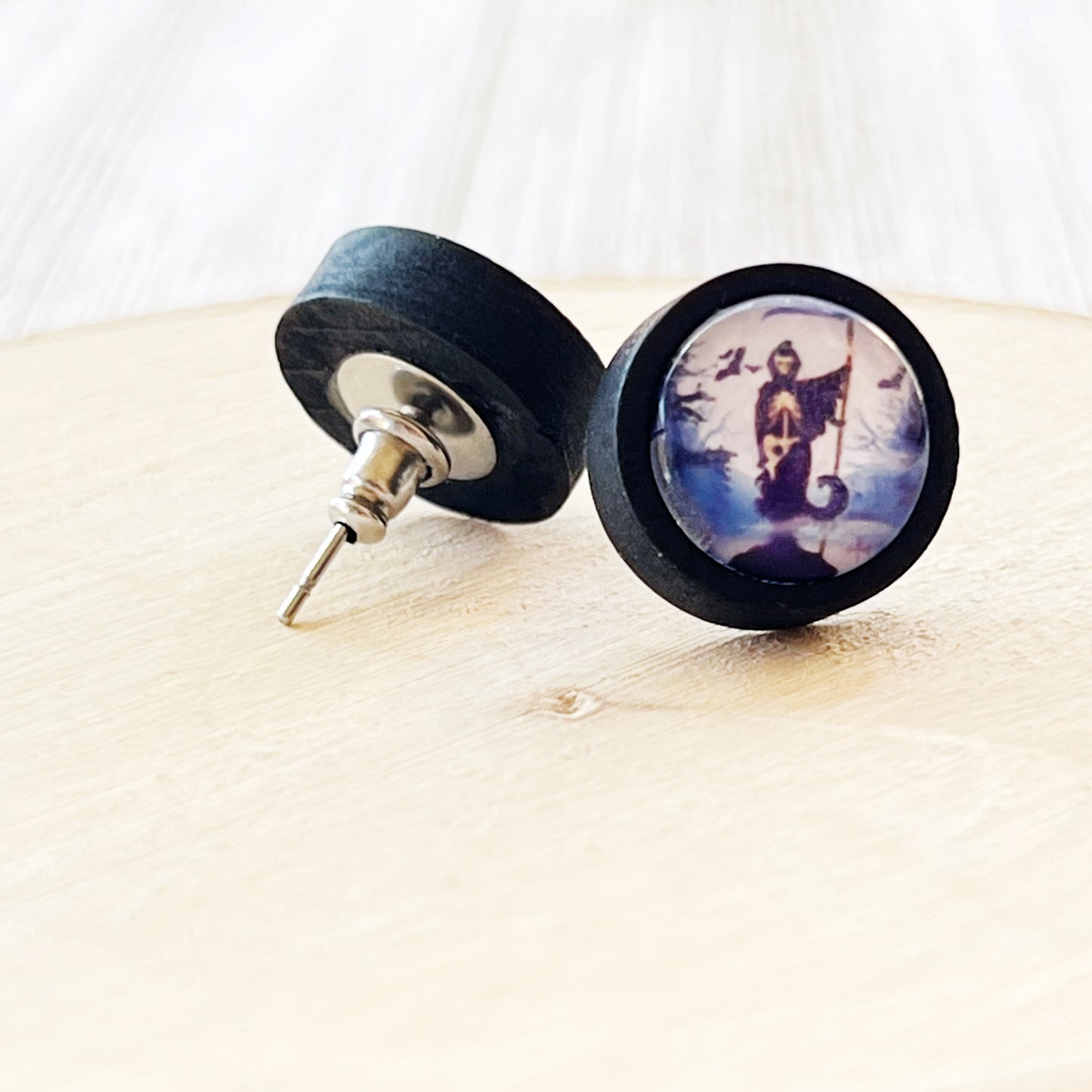 Grim Reaper Black Wood Stud Earrings - Spooky and Stylish Halloween Accessories