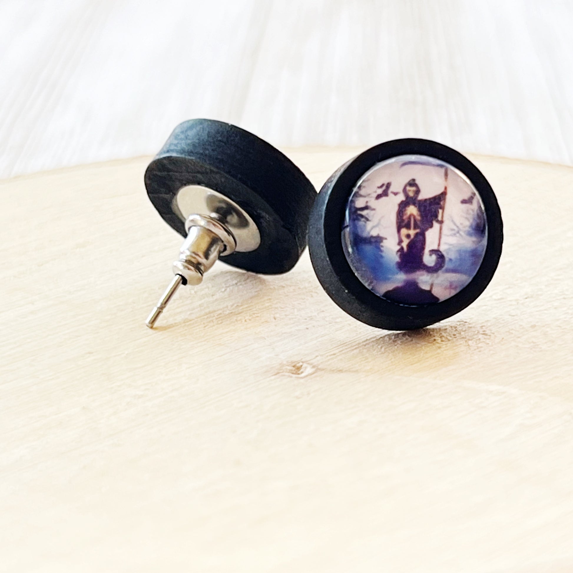 Grim Reaper Black Wood Stud Earrings - Spooky and Stylish Halloween Accessories
