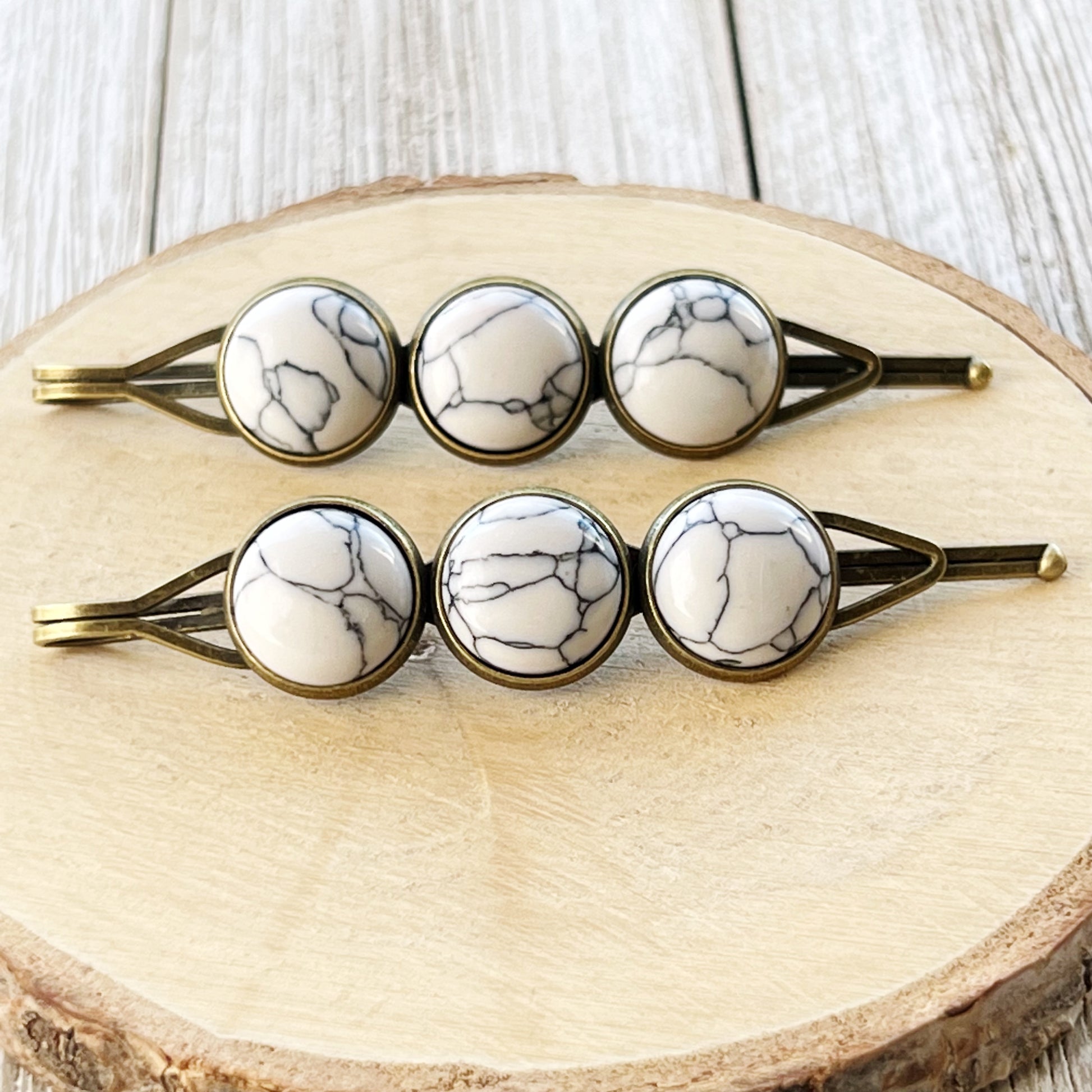 White Marble Hair Pins – Minimal Boho Stone Hair Clips in Bronze Tone