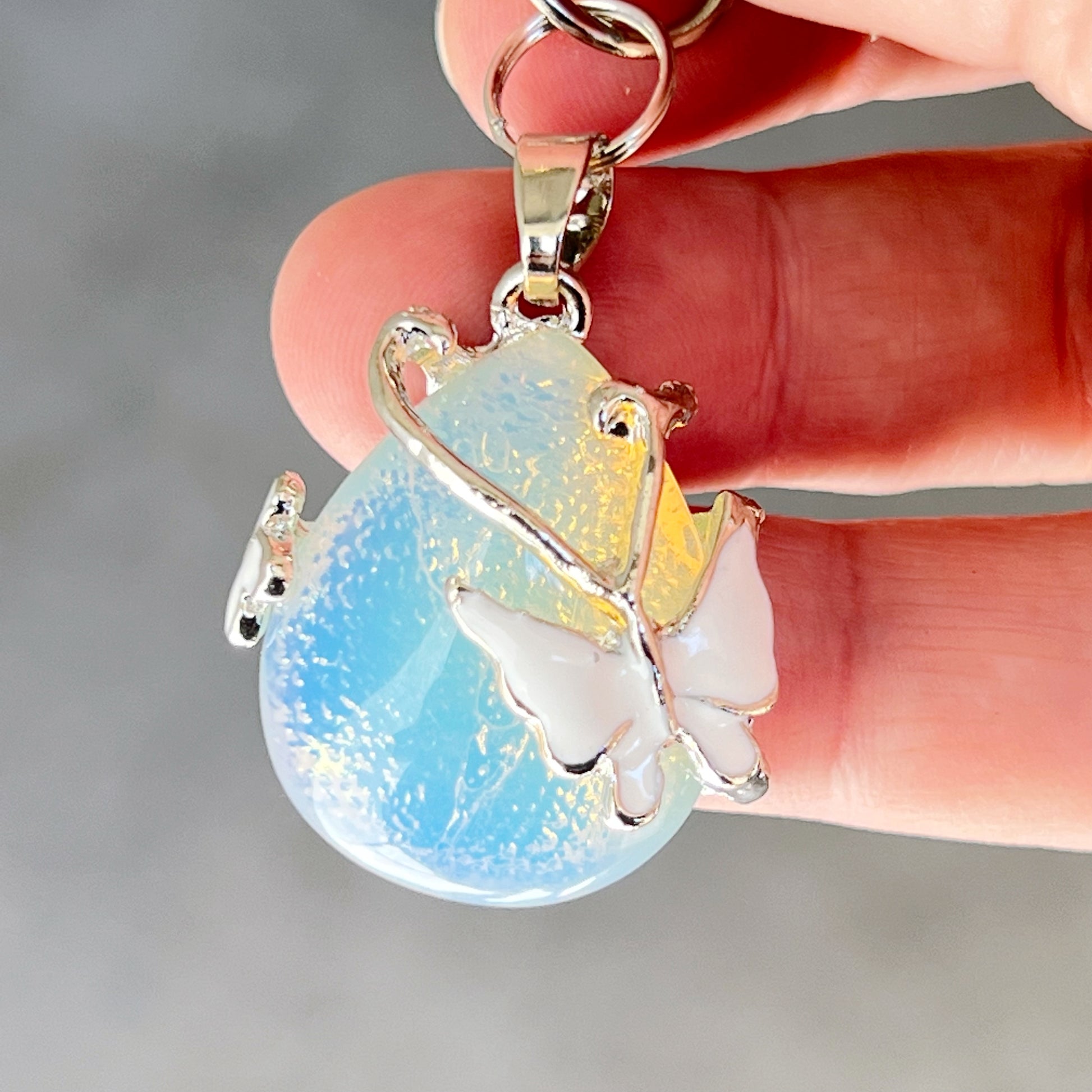 Opalite Butterfly Teardrop Keychain – Iridescent Glass & Silver Charm Accessory