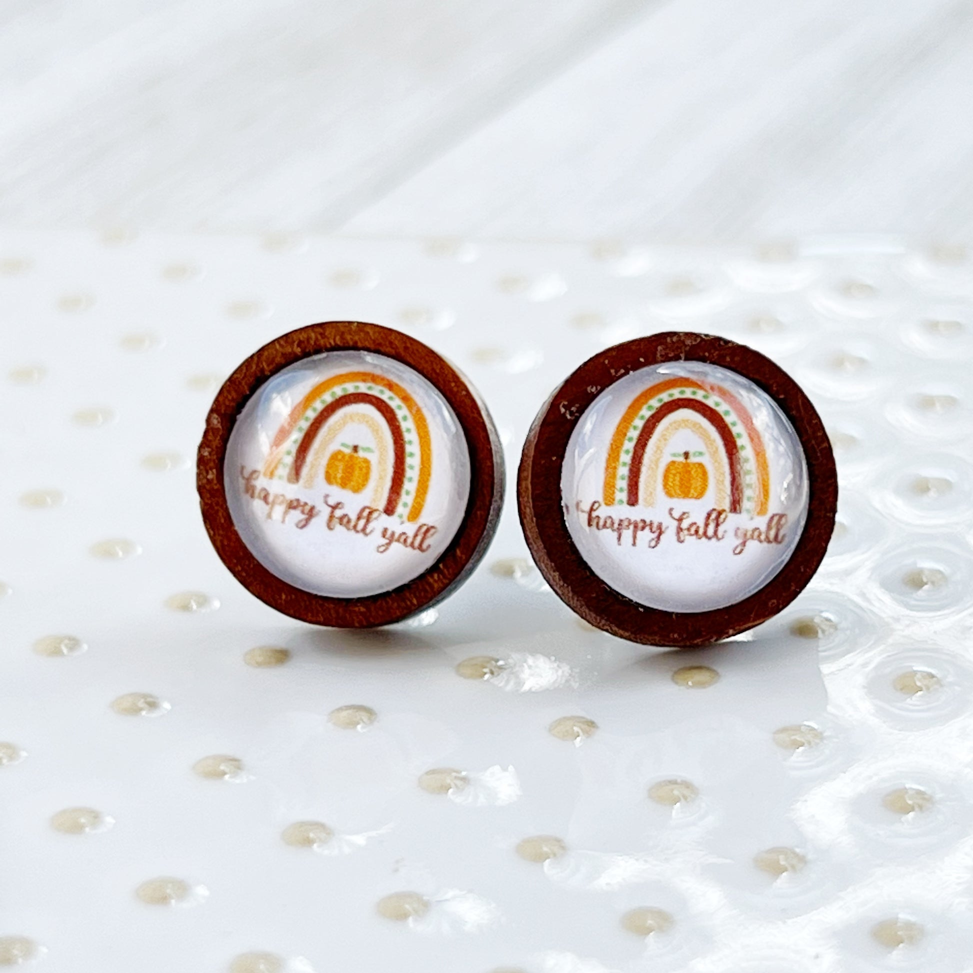 Boho Rainbow Happy Fall Y’all Wood Stud Earrings - Festive Autumn Accessories