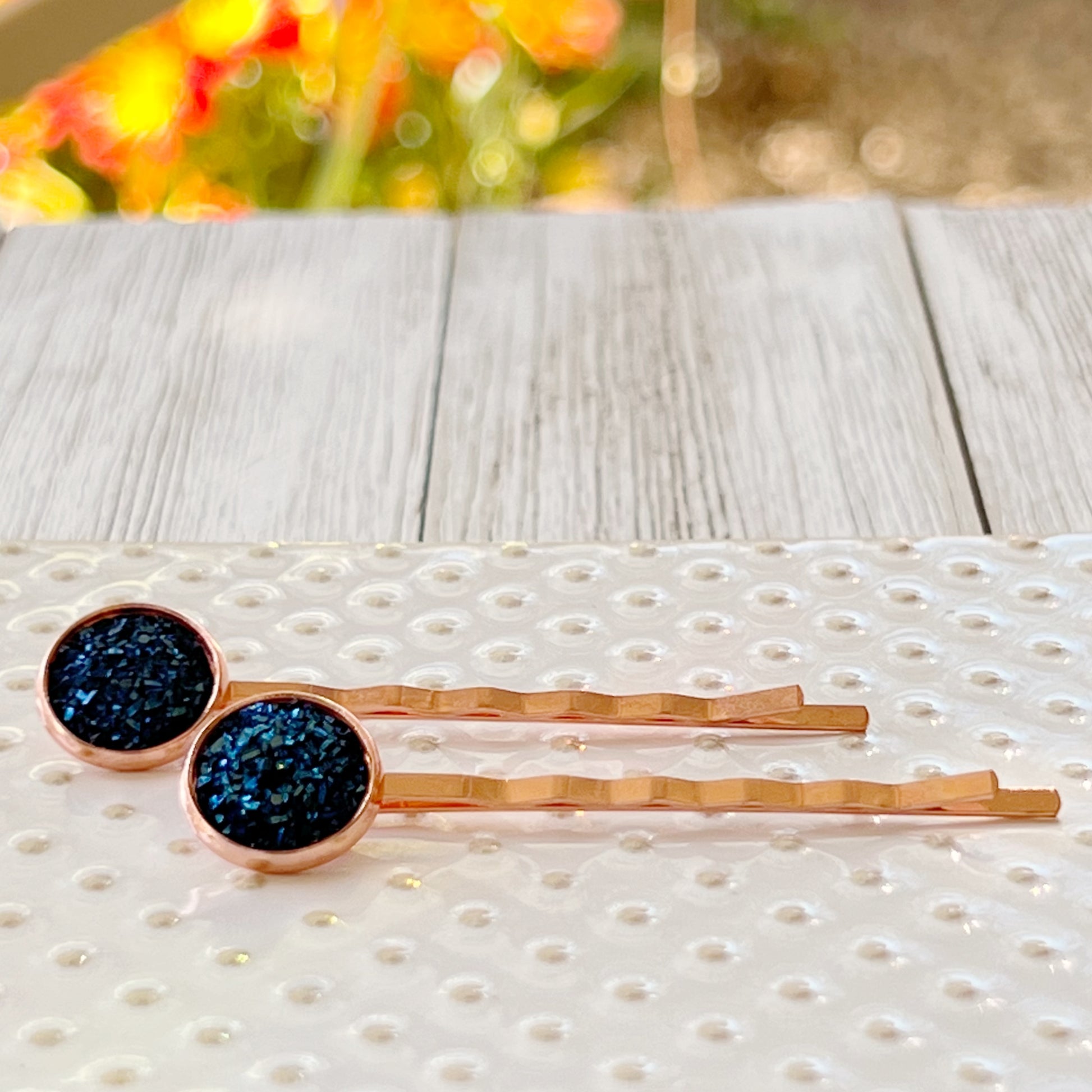Cobalt Blue Druzy Rose Gold Hair Pins: Elegant & Vibrant Accessories