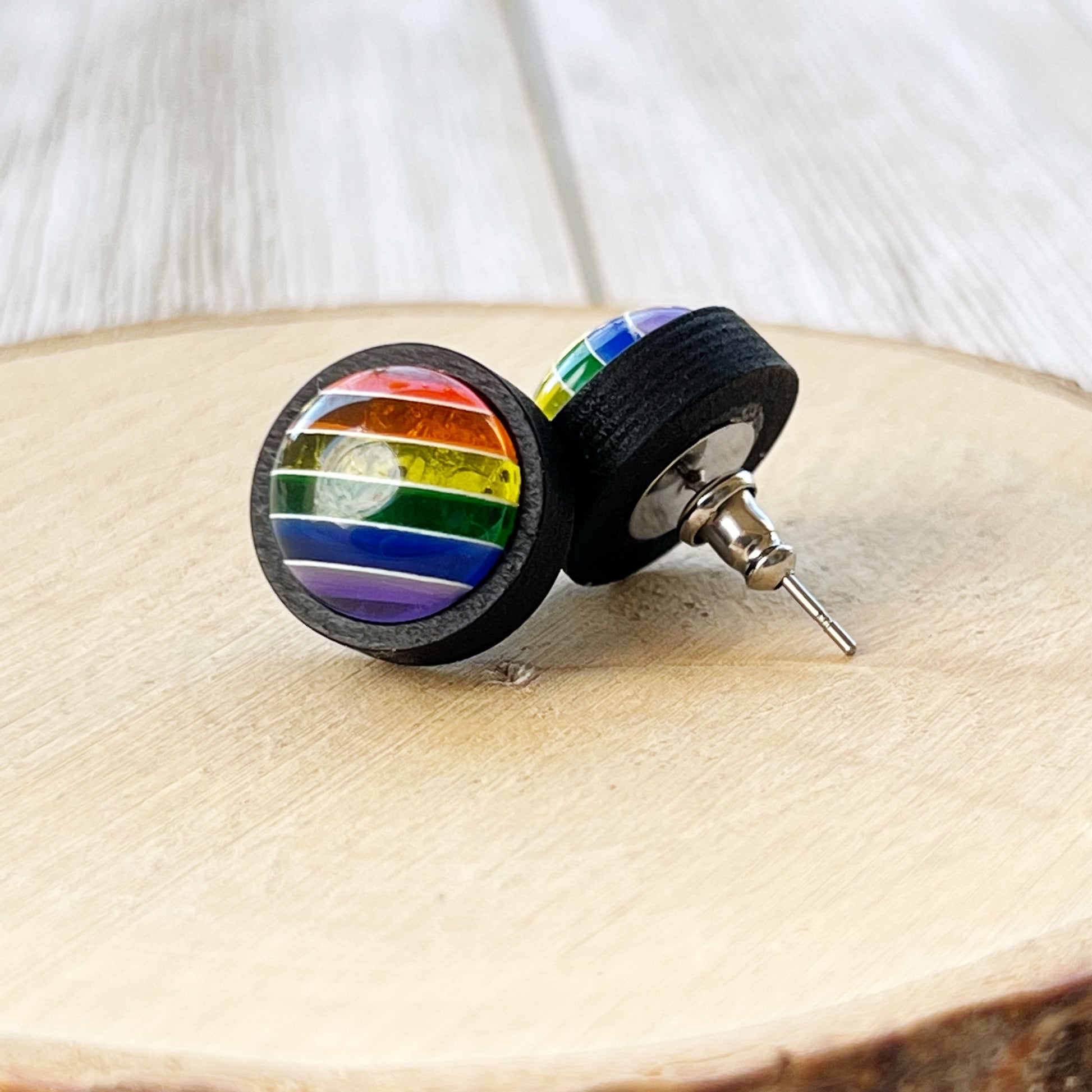 Rainbow Stripe Resin Stud Earrings – Colorful Handmade Jewelry in Black Wood