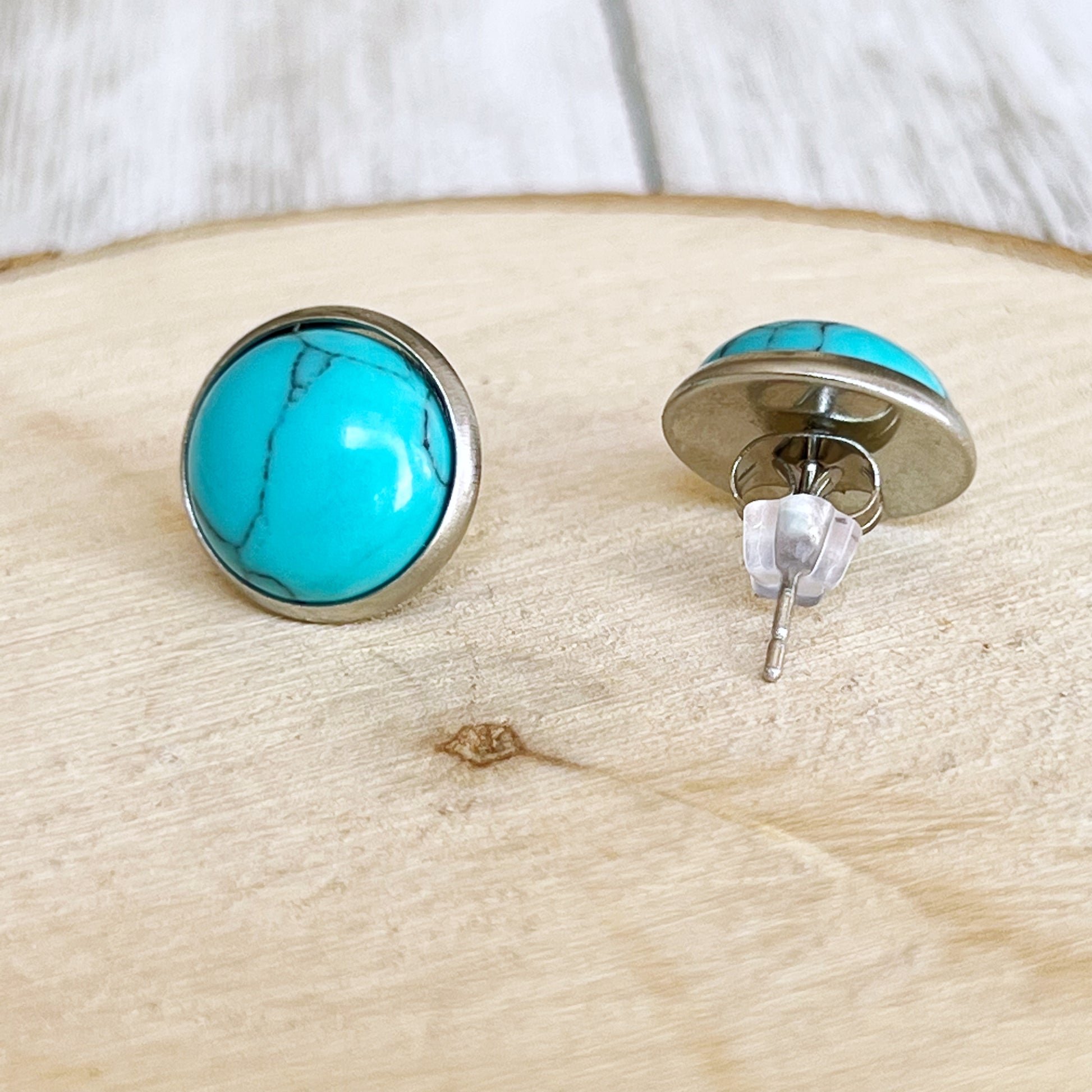 Turquoise 12mm Silver Stud Earrings: Boho Western Chic Accessories