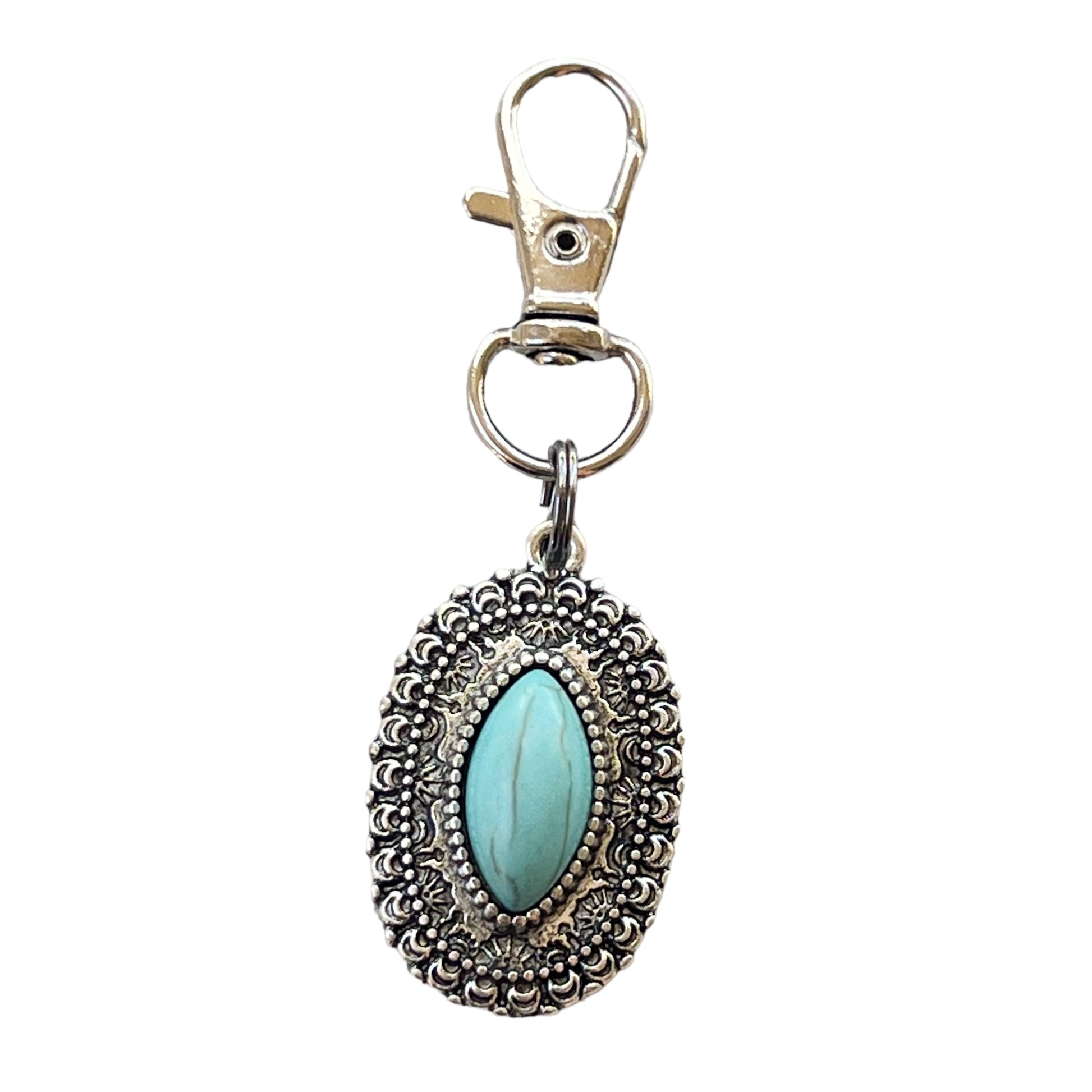 Turquoise Oval Purse Charm – Silver Western Keychain with Filigree Frame