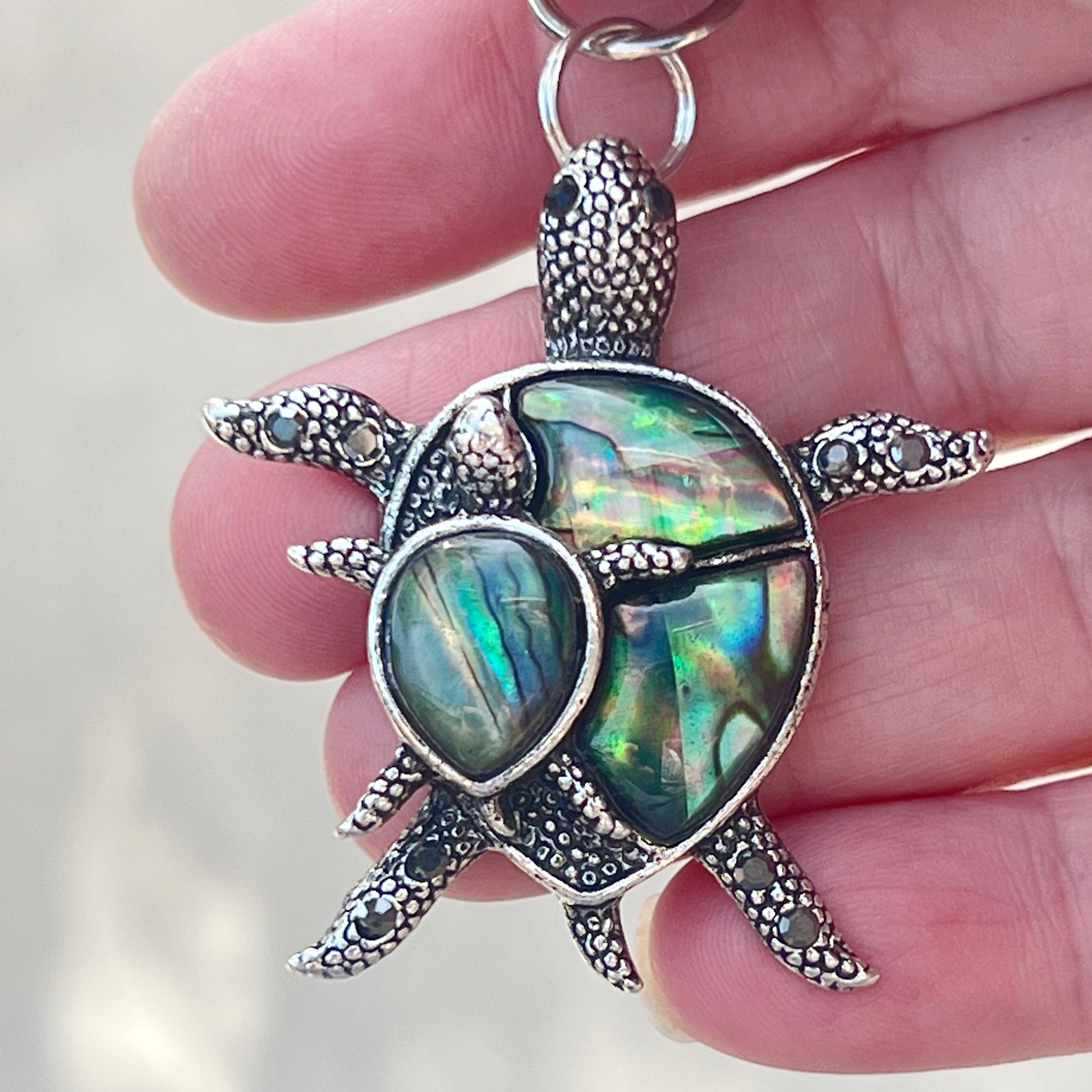 Turtle with Baby Purse Charm with Natural Abalone - Adorable Coastal-Inspired Accessory