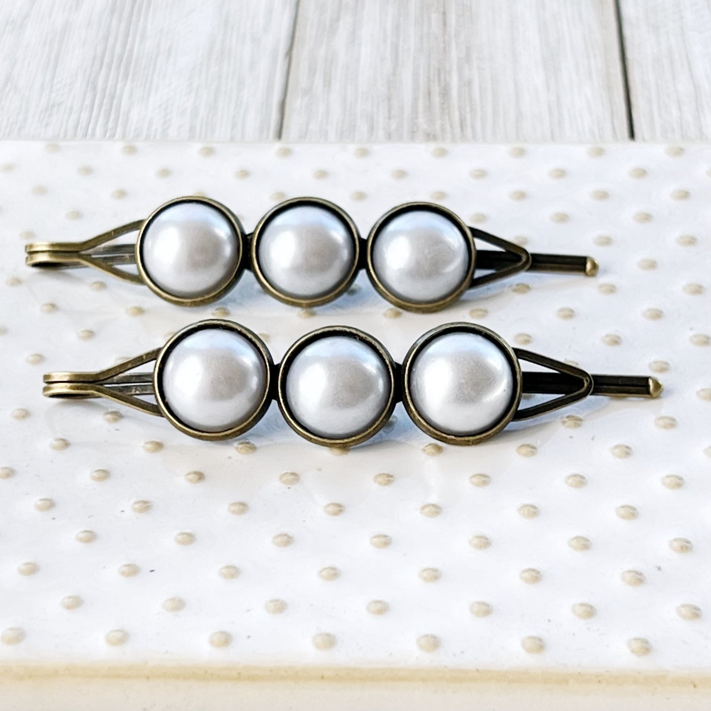 Silver White Pearl Hair Clips, Antiqued Bronze Barrette, Wedding Hair Jewelry, Womens Hair Clip, Womans Barrette, Bridal Hair Piece, Cute Clip