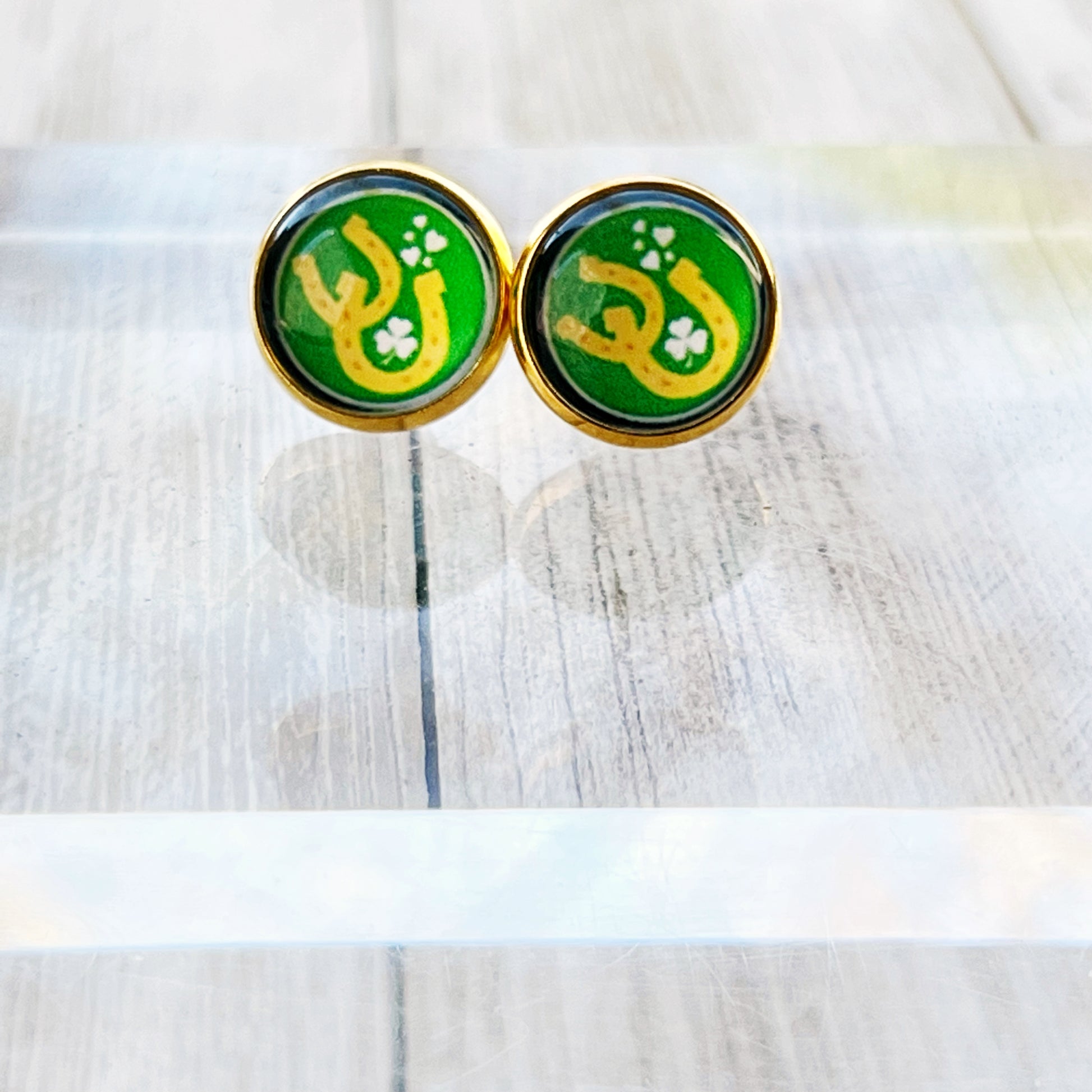 Lucky Horseshoe Stud Earrings – Green & Gold St. Patrick’s Day Jewelry for Her