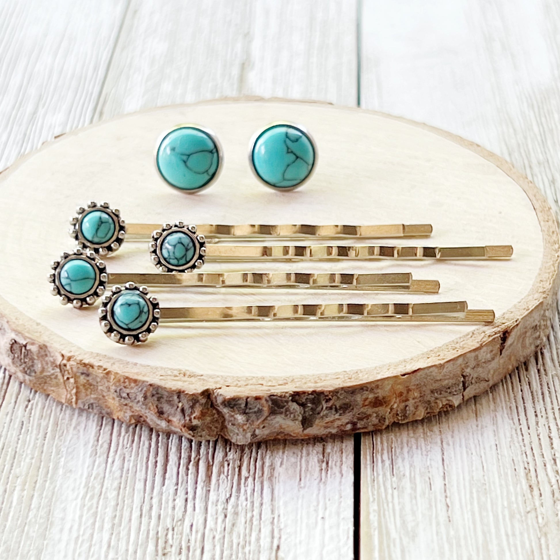 Women's Western Turquoise Hair Pins with Matching 10mm Earrings - Stylish Set for Western-inspired Looks