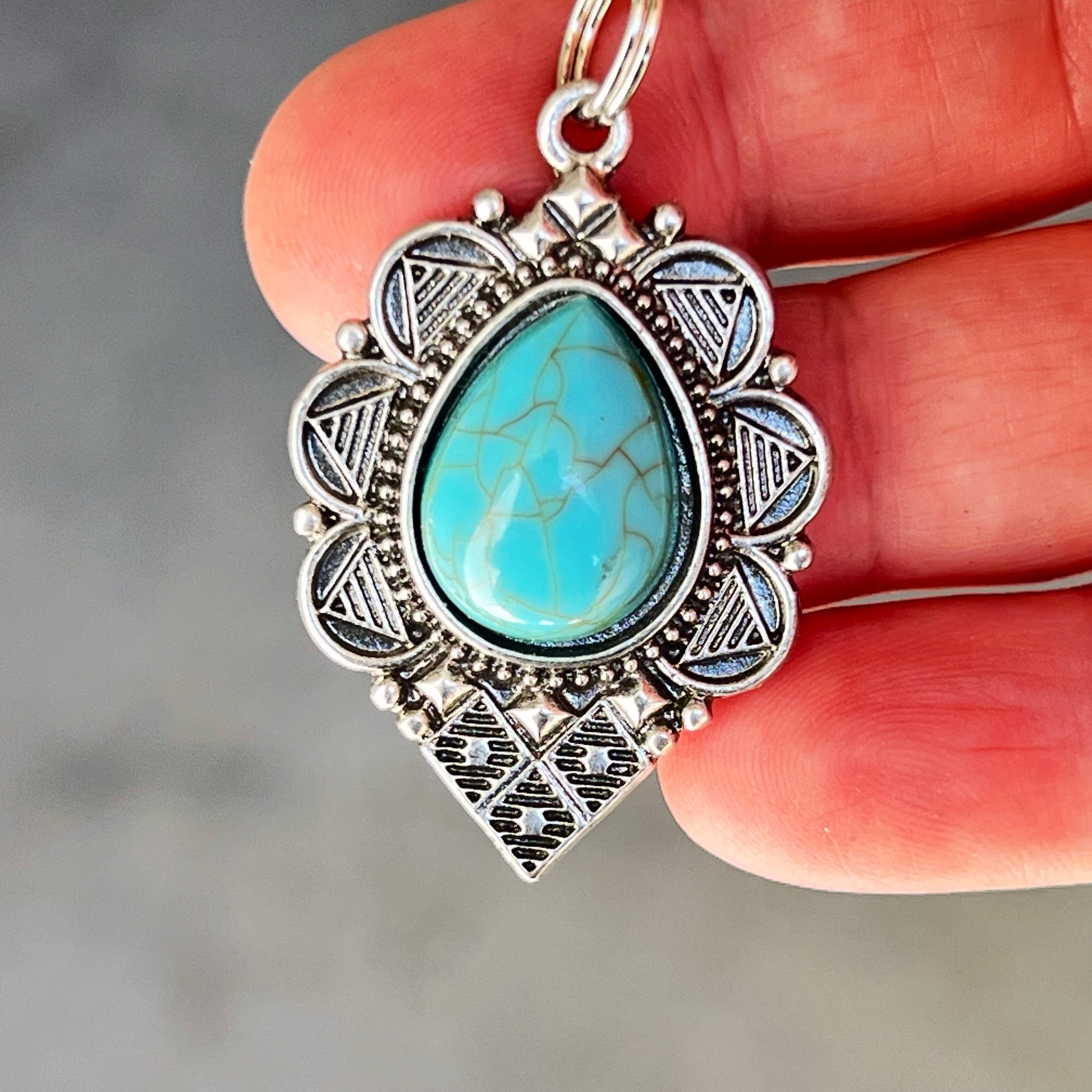Turquoise Teardrop Purse Charm – Boho Southwest Silver Keychain Accent