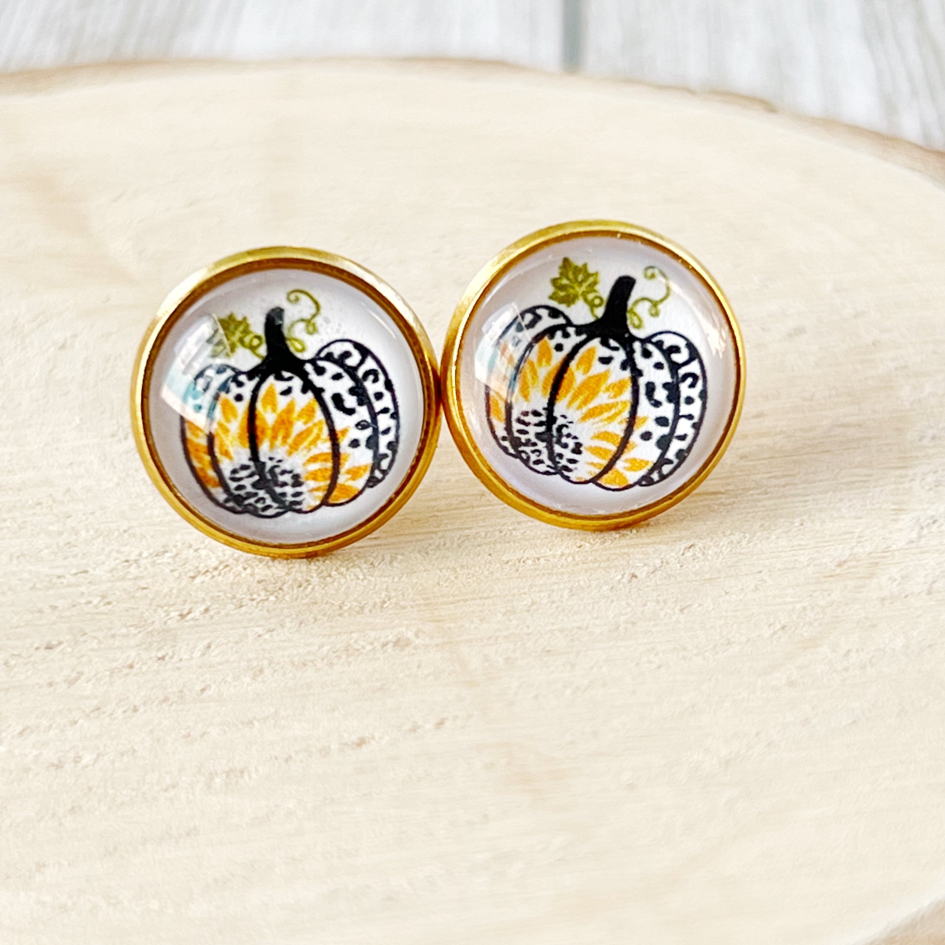 Pumpkin & Sunflower Gold Stud Earrings: Unique Autumn Accents for Your Style