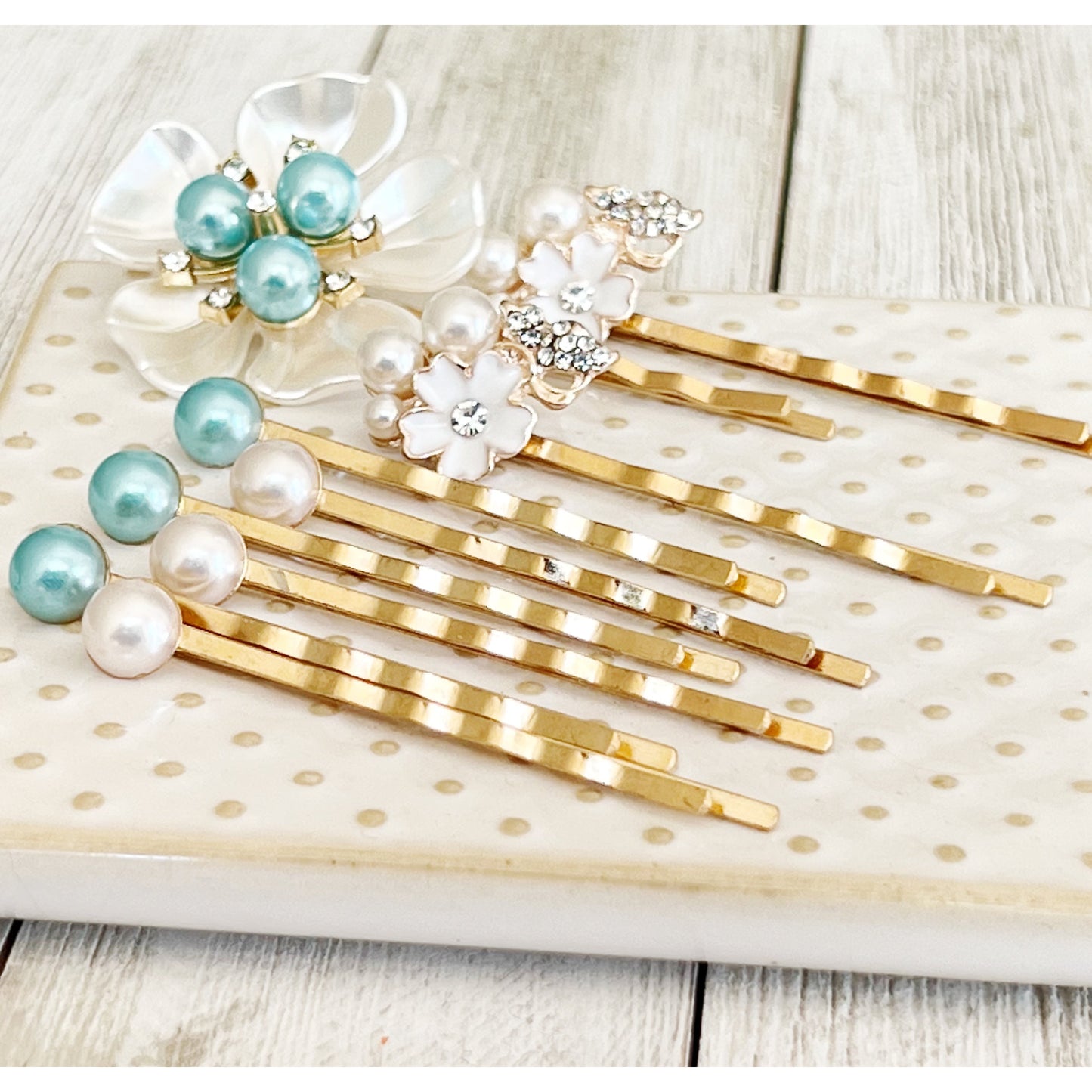 Blue Pearl Hair Pins Set - Wedding Hair Jewelry for Bride | White Floral & Rhinestone Bobby Pins for Elegant Hairstyles