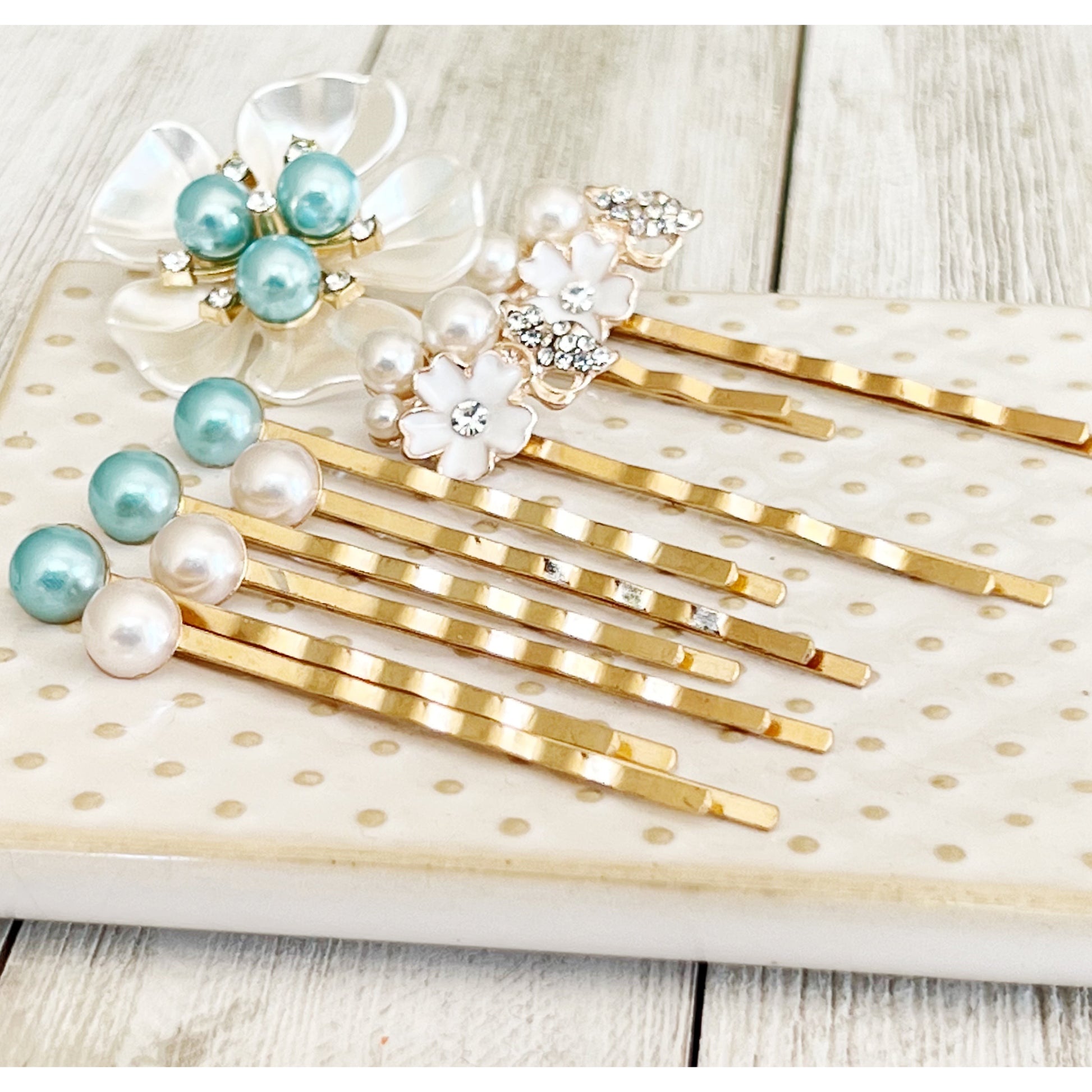 Blue Pearl Hair Pins Set - Wedding Hair Jewelry for Bride | White Floral & Rhinestone Bobby Pins for Elegant Hairstyles