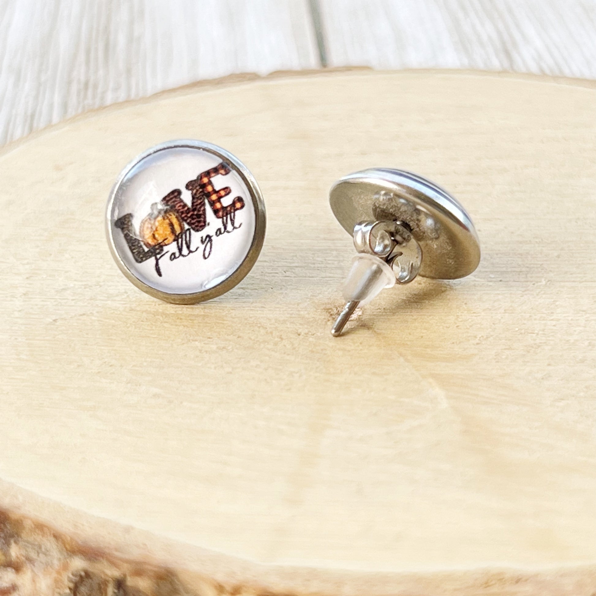 Love Fall Y’all Stud Earrings – Buffalo Plaid Pumpkin Autumn Jewelry in Silver