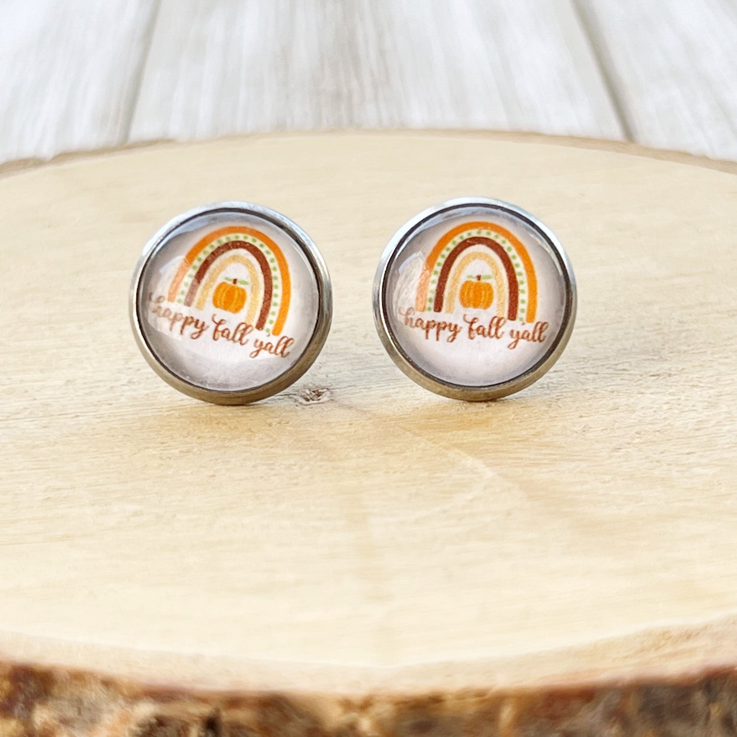 Happy Fall Y’all Stud Earrings – Rainbow Pumpkin Autumn Jewelry in Silver