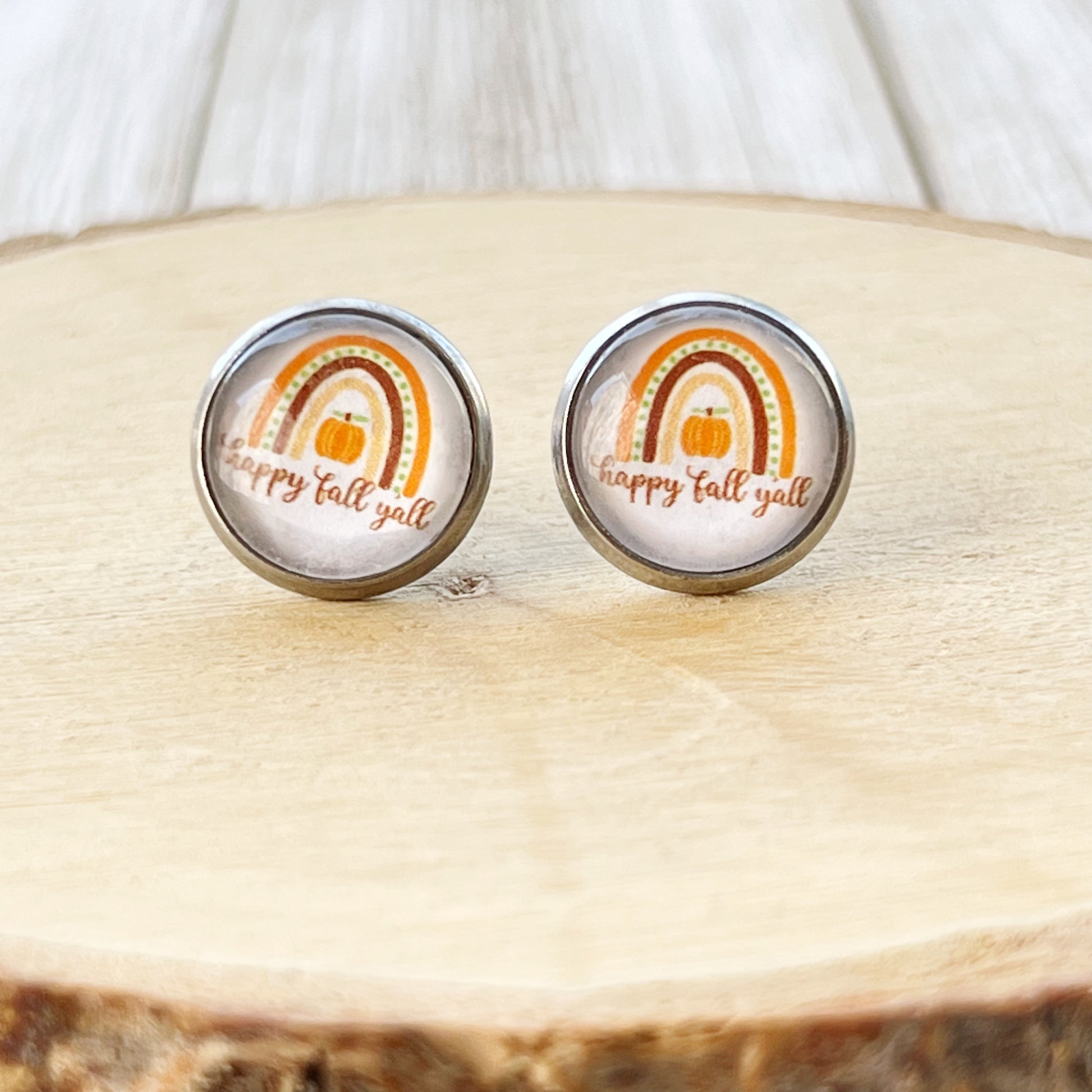 Happy Fall Y’all Stud Earrings – Rainbow Pumpkin Autumn Jewelry in Silver