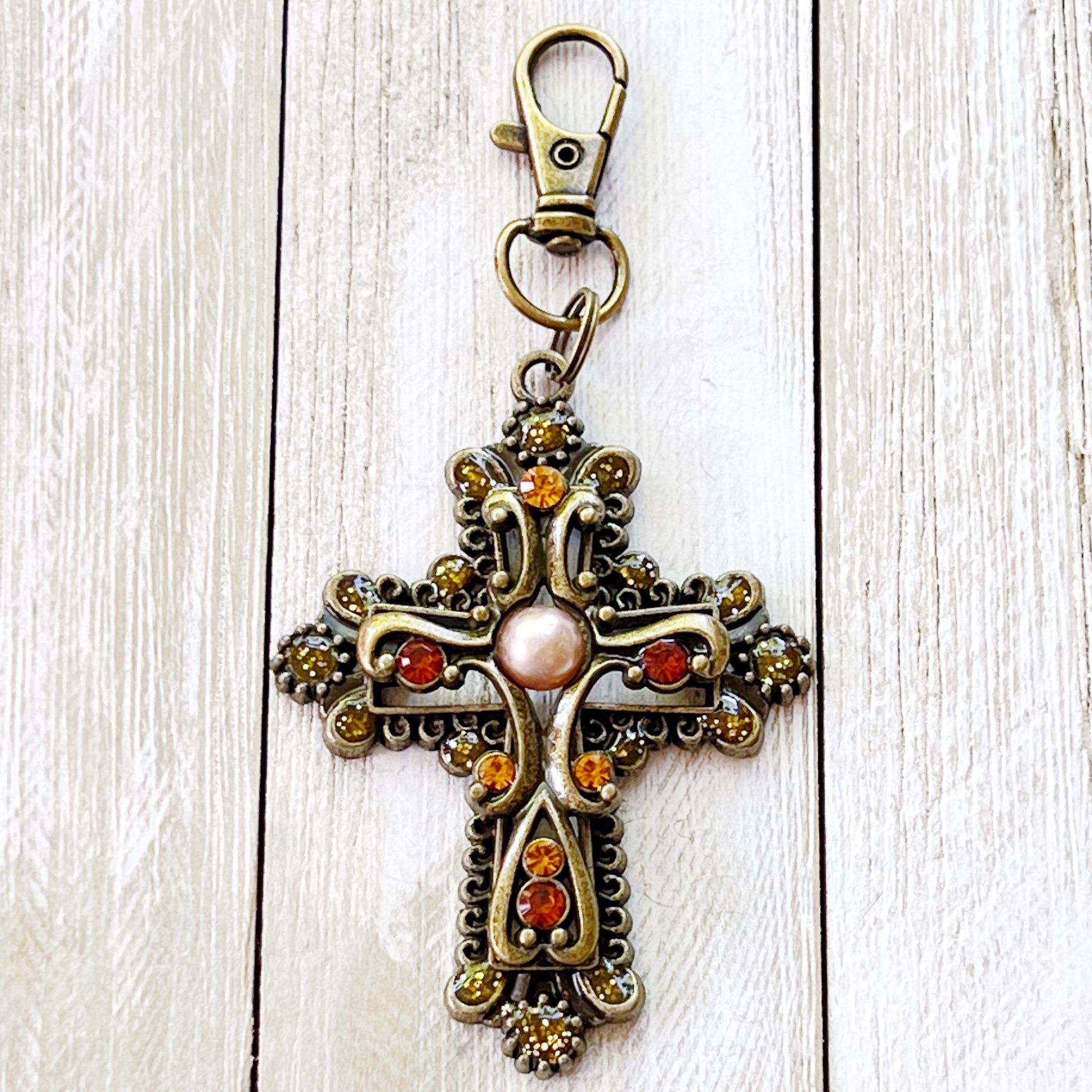 Ornate Cross Purse Charm – Vintage Bronze Keychain with Amber Rhinestones & Pearl
