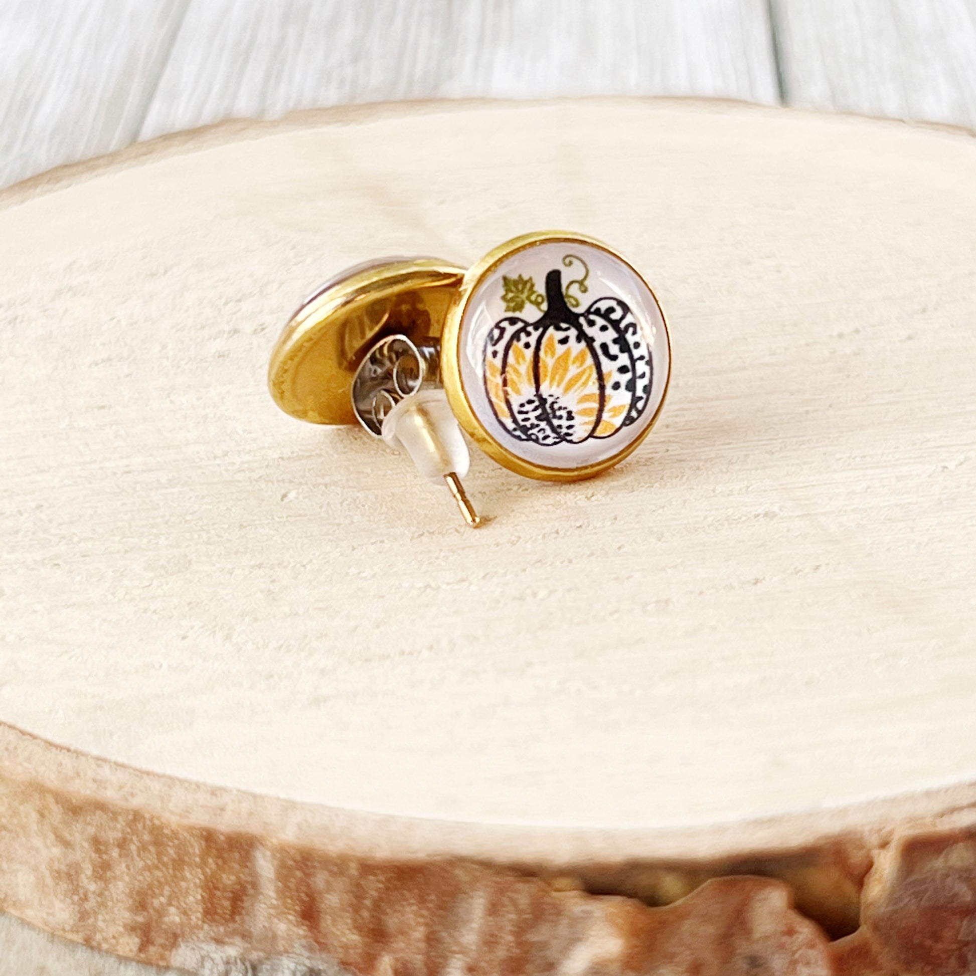 Pumpkin & Sunflower Gold Stud Earrings: Unique Autumn Accents for Your Style