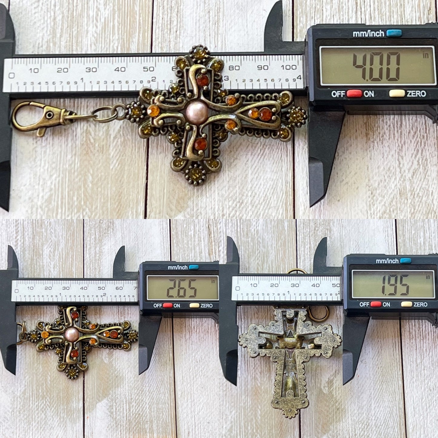 Ornate Cross Purse Charm – Vintage Bronze Keychain with Amber Rhinestones & Pearl