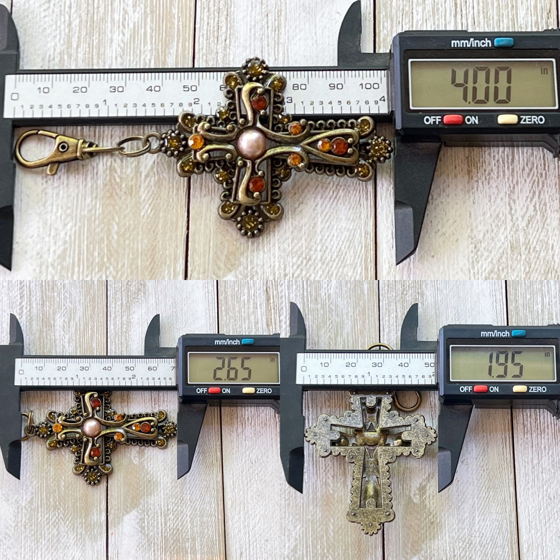 Ornate Cross Purse Charm – Vintage Bronze Keychain with Amber Rhinestones & Pearl