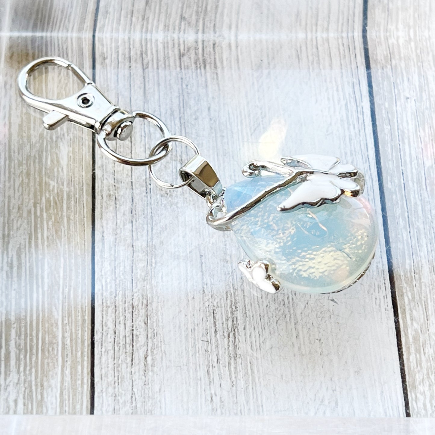 Opalite Butterfly Teardrop Keychain – Iridescent Glass & Silver Charm Accessory
