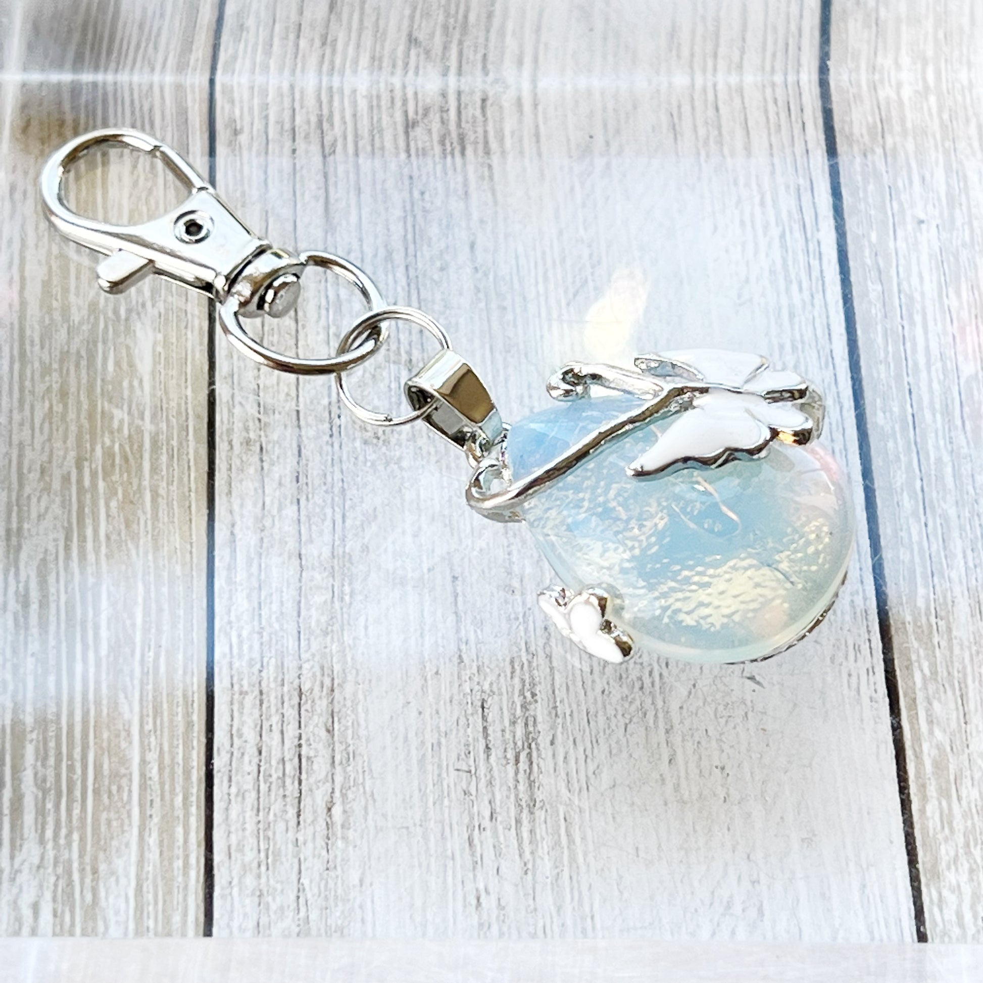 Opalite Butterfly Teardrop Keychain – Iridescent Glass & Silver Charm Accessory