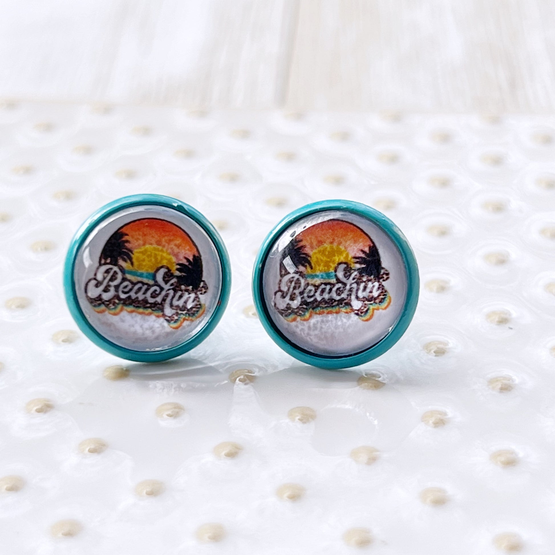 Beachin’ Sunset Stud Earrings – Retro Tropical Summer Jewelry with Teal Trim
