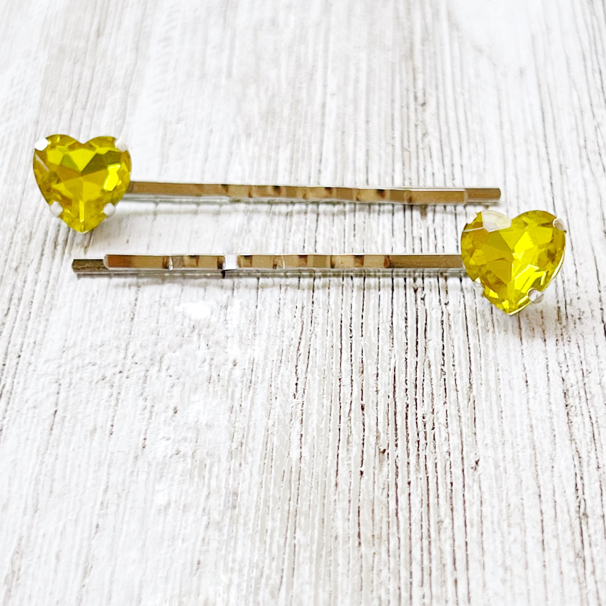 Yellow Rhinestone Heart Silver Hair Pins: Sparkling Romantic Accents