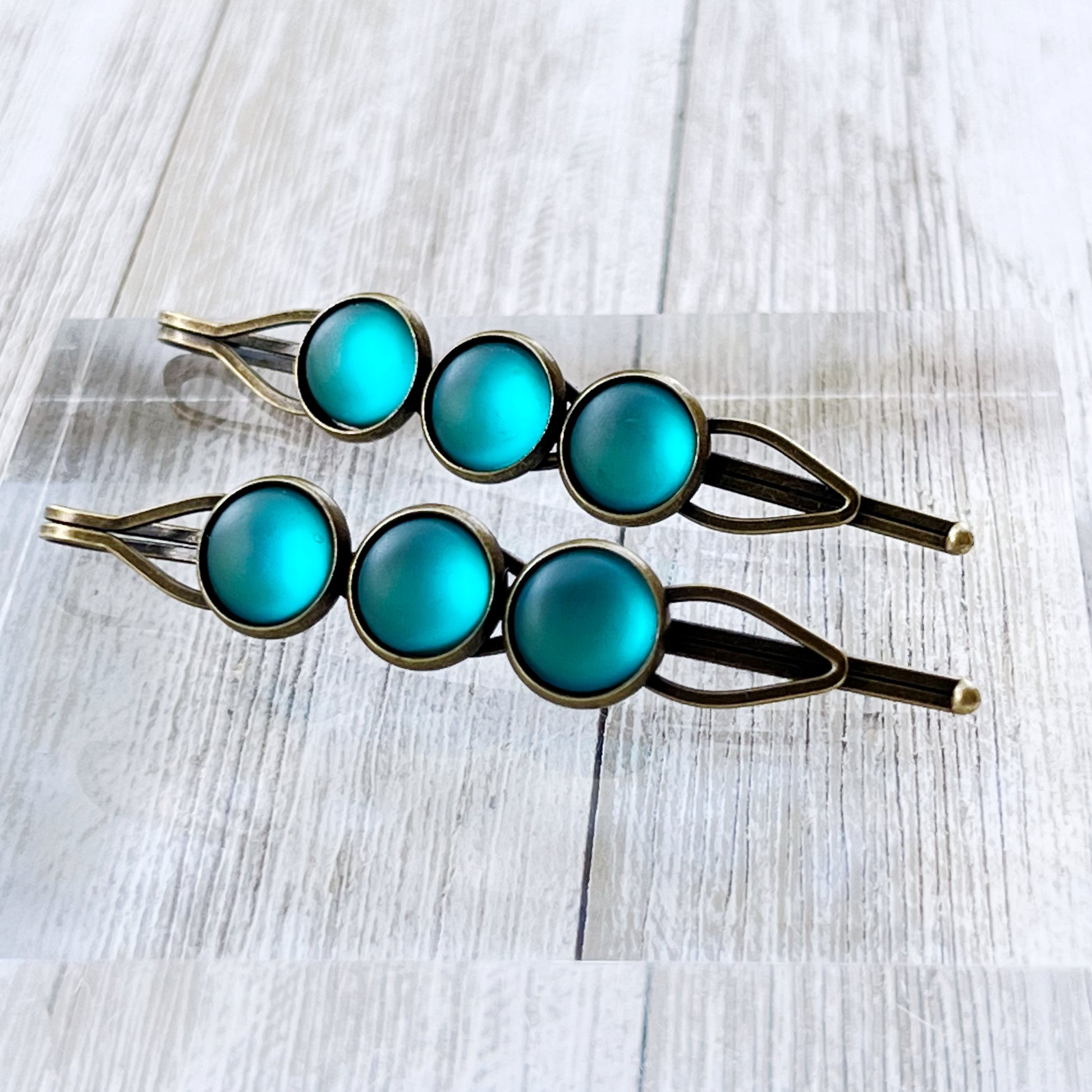 Satin Blue Rhinestone Hair Pins