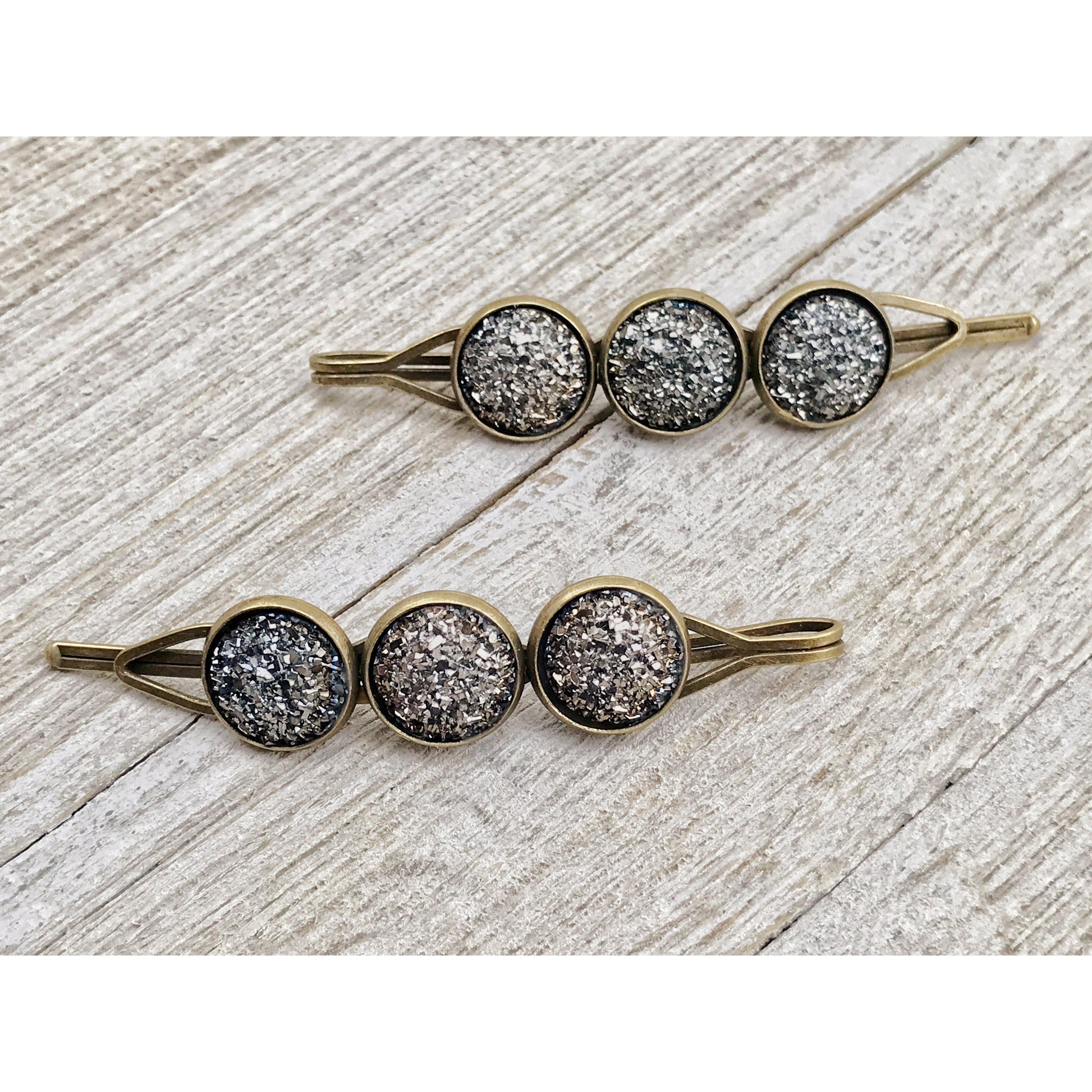 Slate Gray Metallic Druzy Hair Pins- Stylish & Elegant Hair Accessory