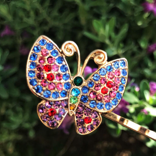 Multi-Colored Rhinestone Butterfly Hair Pin - Sparkling Accessory for Glamorous Hairstyles