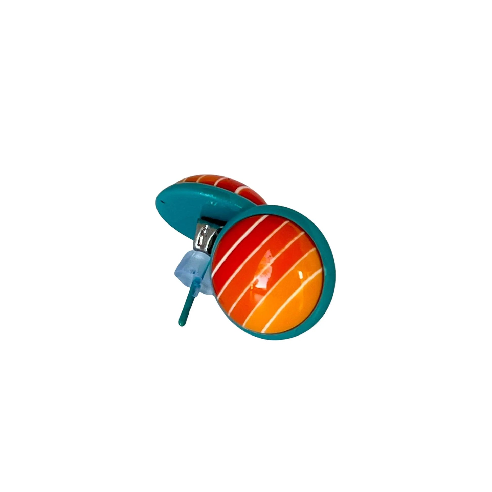 Back of round orange gradient striped stud earrings with teal borders displayed on a white background