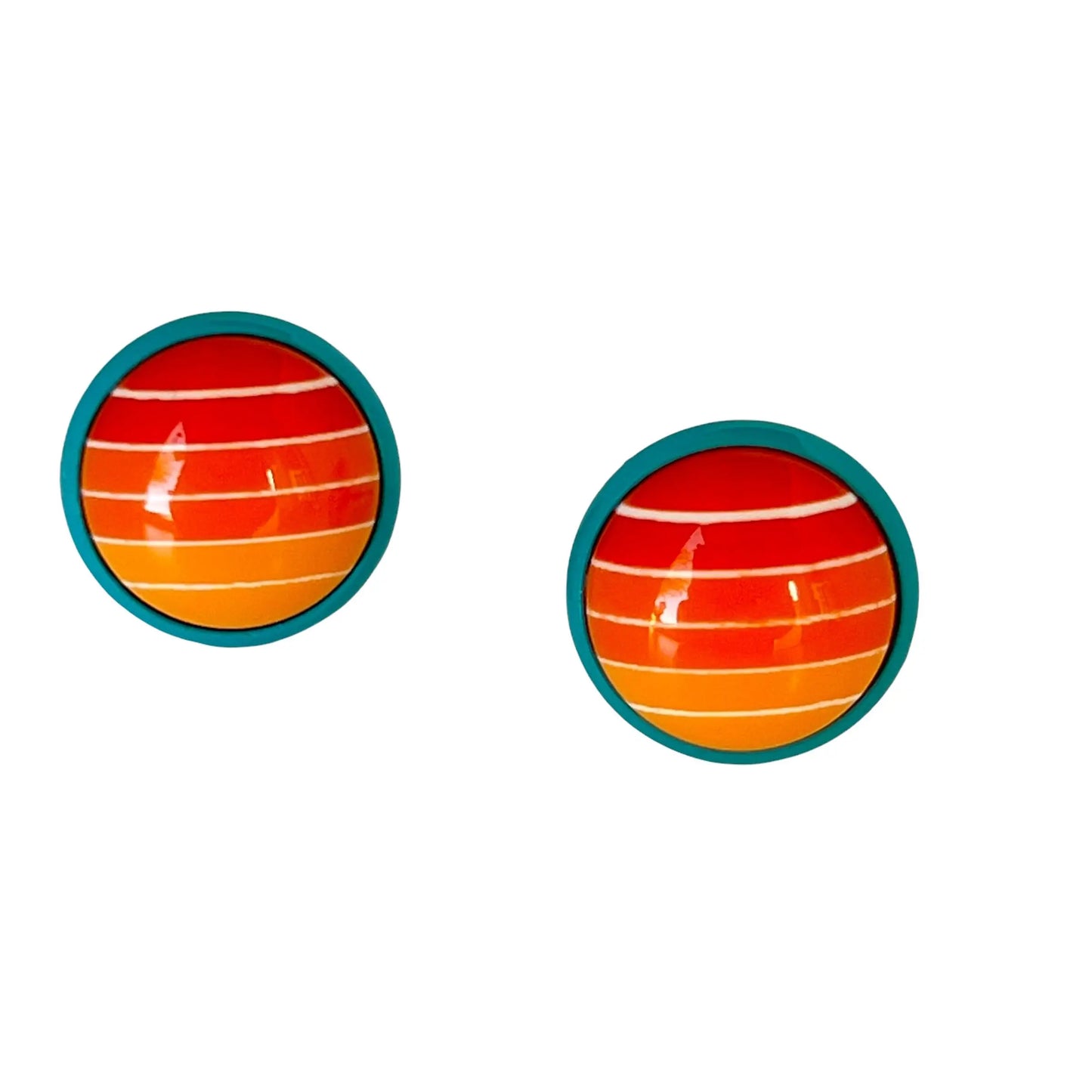 Round orange gradient striped stud earrings with teal borders displayed on a white background