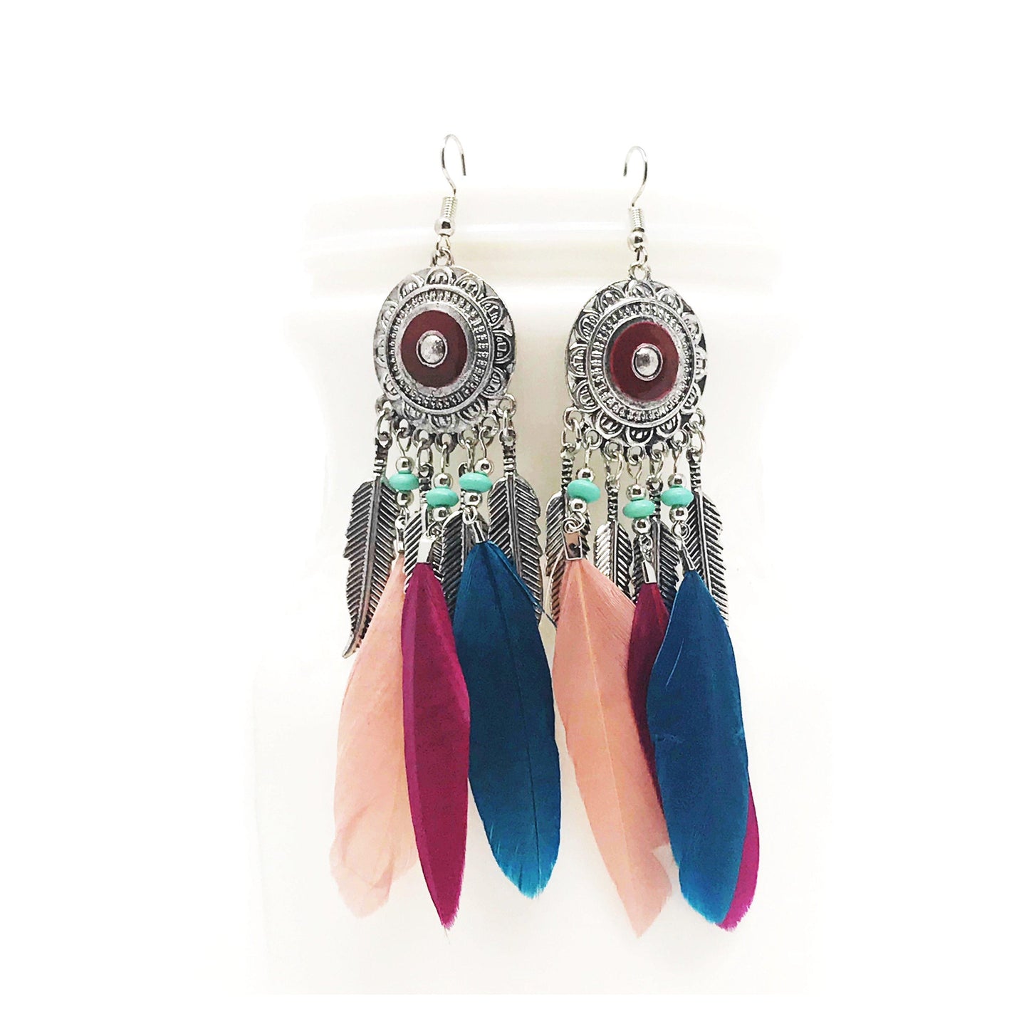 Pink & Blue Feather Dangle Earrings – Boho Chic Medallion Jewelry