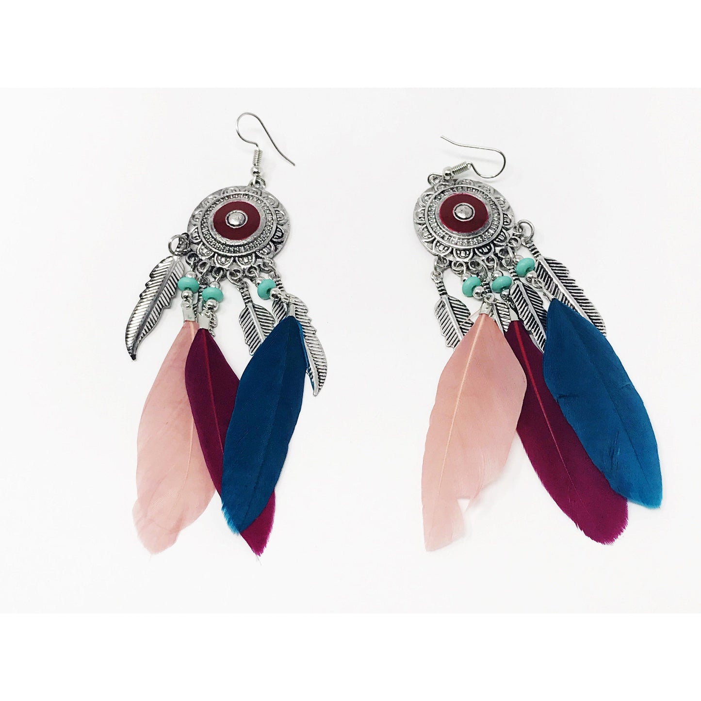 Pink & Blue Feather Dangle Earrings – Boho Chic Medallion Jewelry