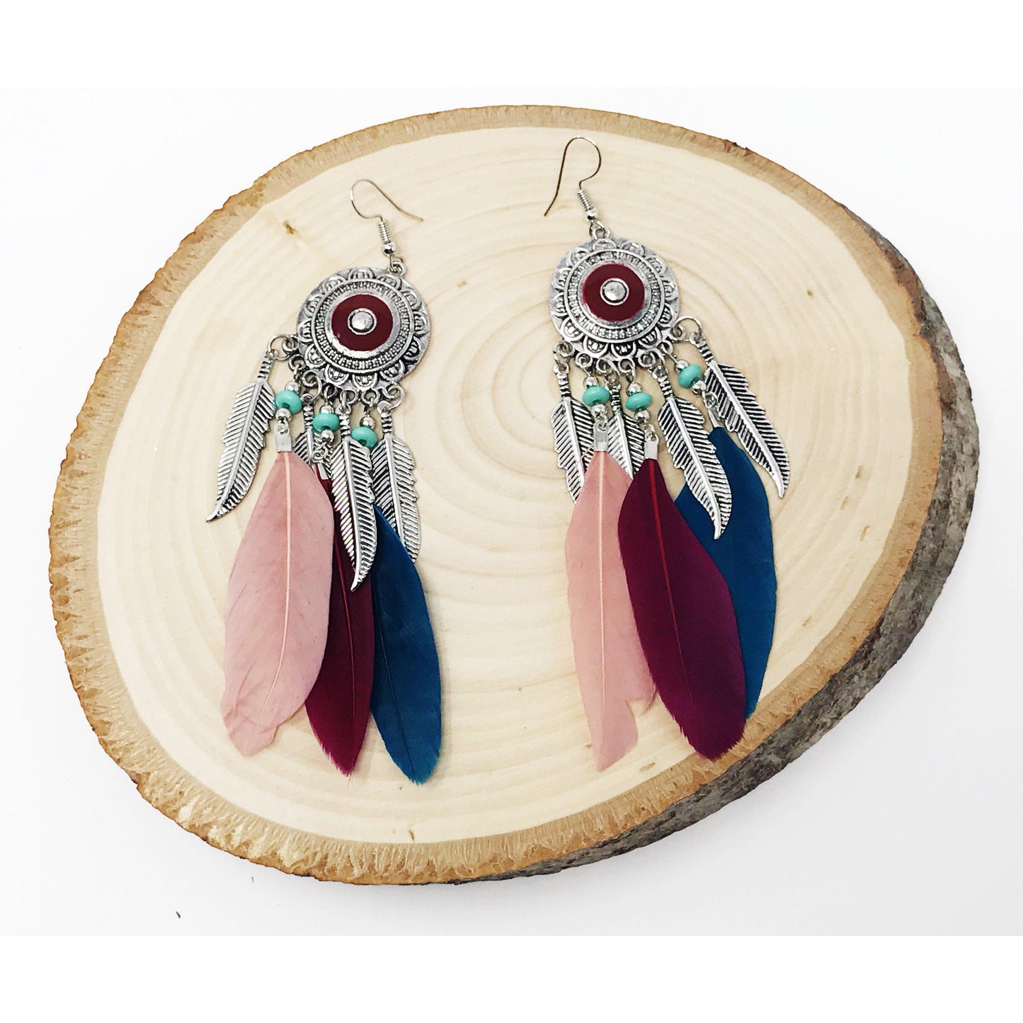 Pink & Blue Feather Dangle Earrings – Boho Chic Medallion Jewelry