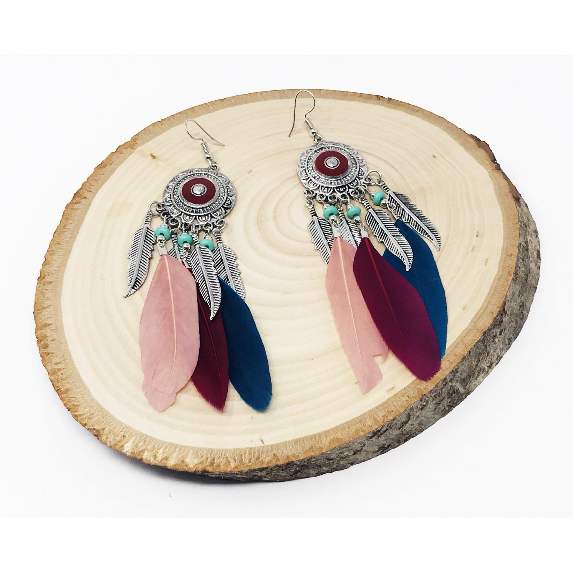 Pink & Blue Feather Dangle Earrings – Boho Chic Medallion Jewelry
