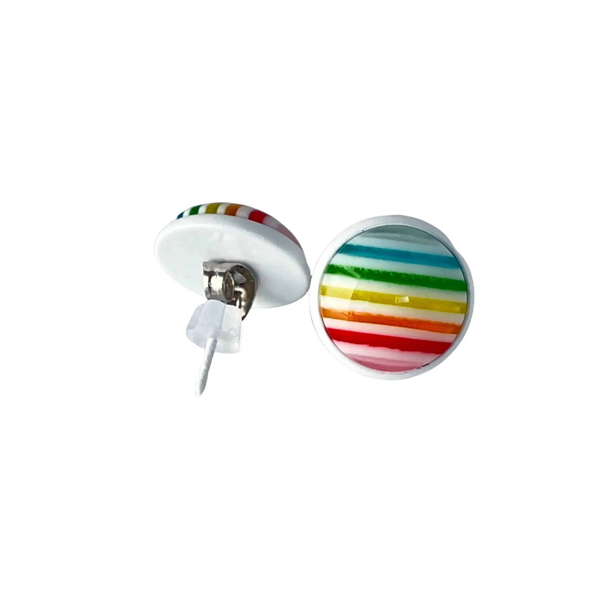 Back of pair of earrings with rainbow striped design on a white background