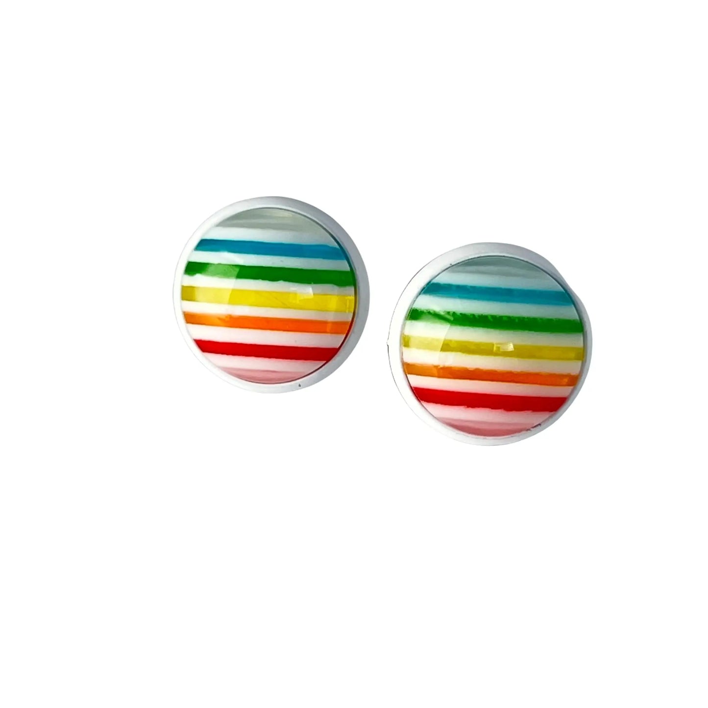 Pair of round earrings with colorful striped design on a white background