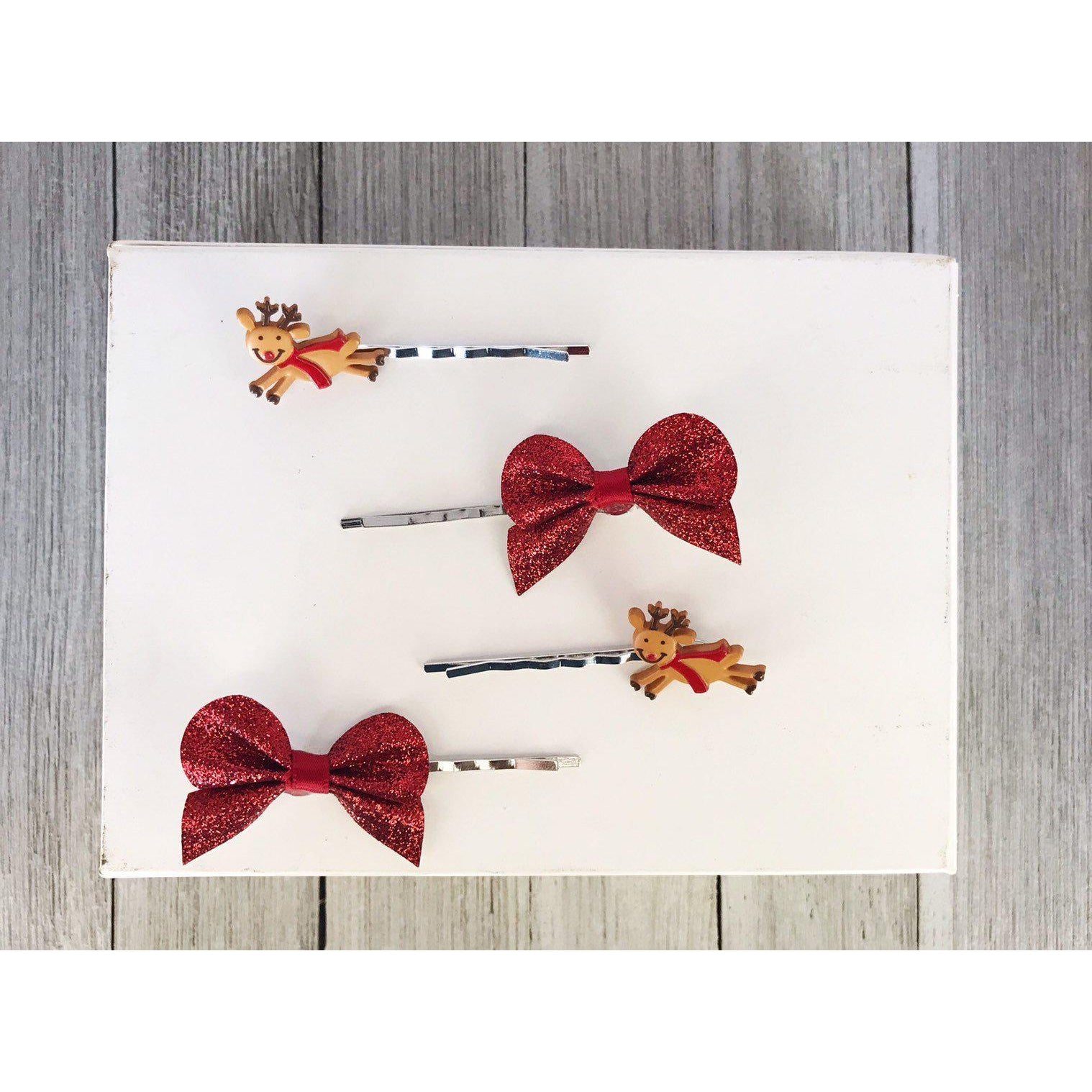 Red Bow Christmas Reindeer Holiday Hair Pins
