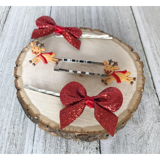 Red Bow Christmas Reindeer Holiday Hair Pins